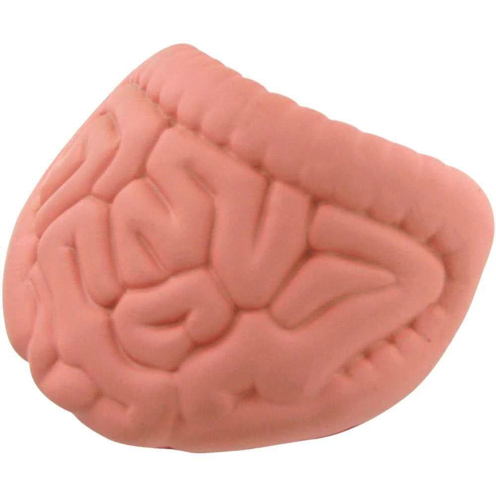 A pink, intestines-shaped stress reliever with detailed texturing. It has a smooth, rubber-like surface and features a logo.