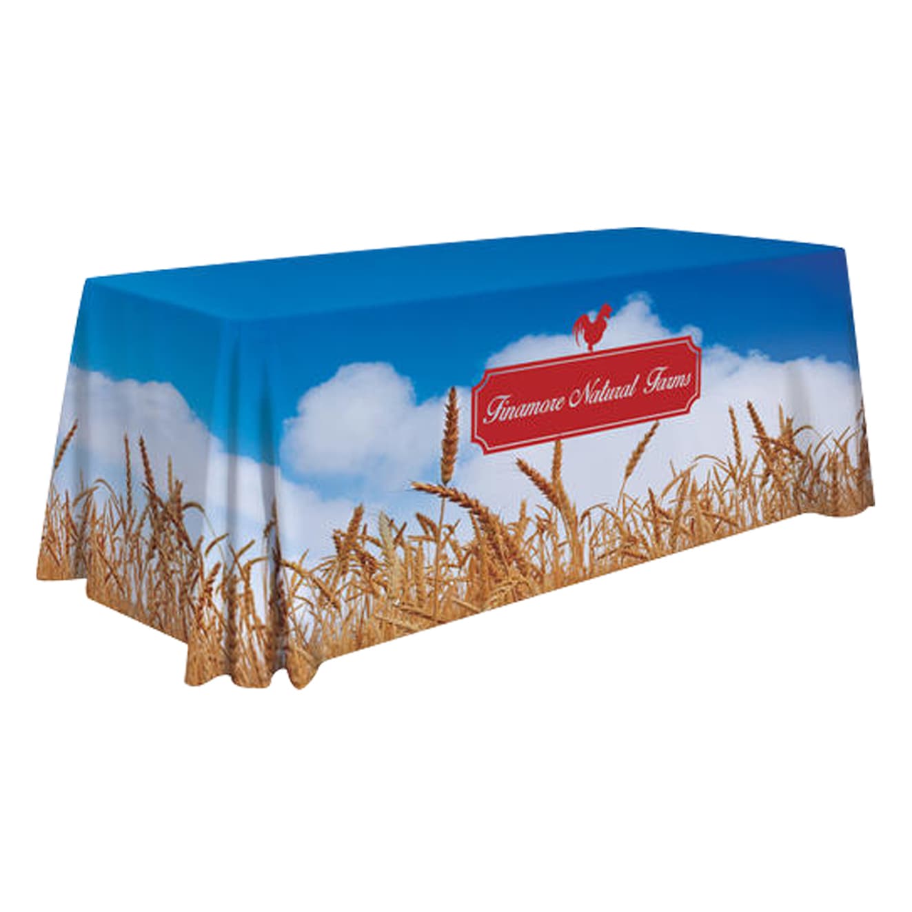 A blue 8ft table cloth featuring a wheat field design and a branding logo.