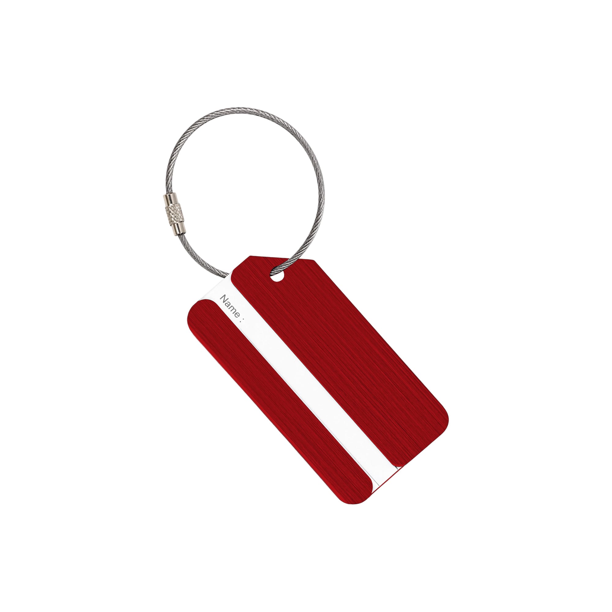 A red brushed aluminium luggage tag with a white strip for personalisation. Includes a metal wire loop for attachment.