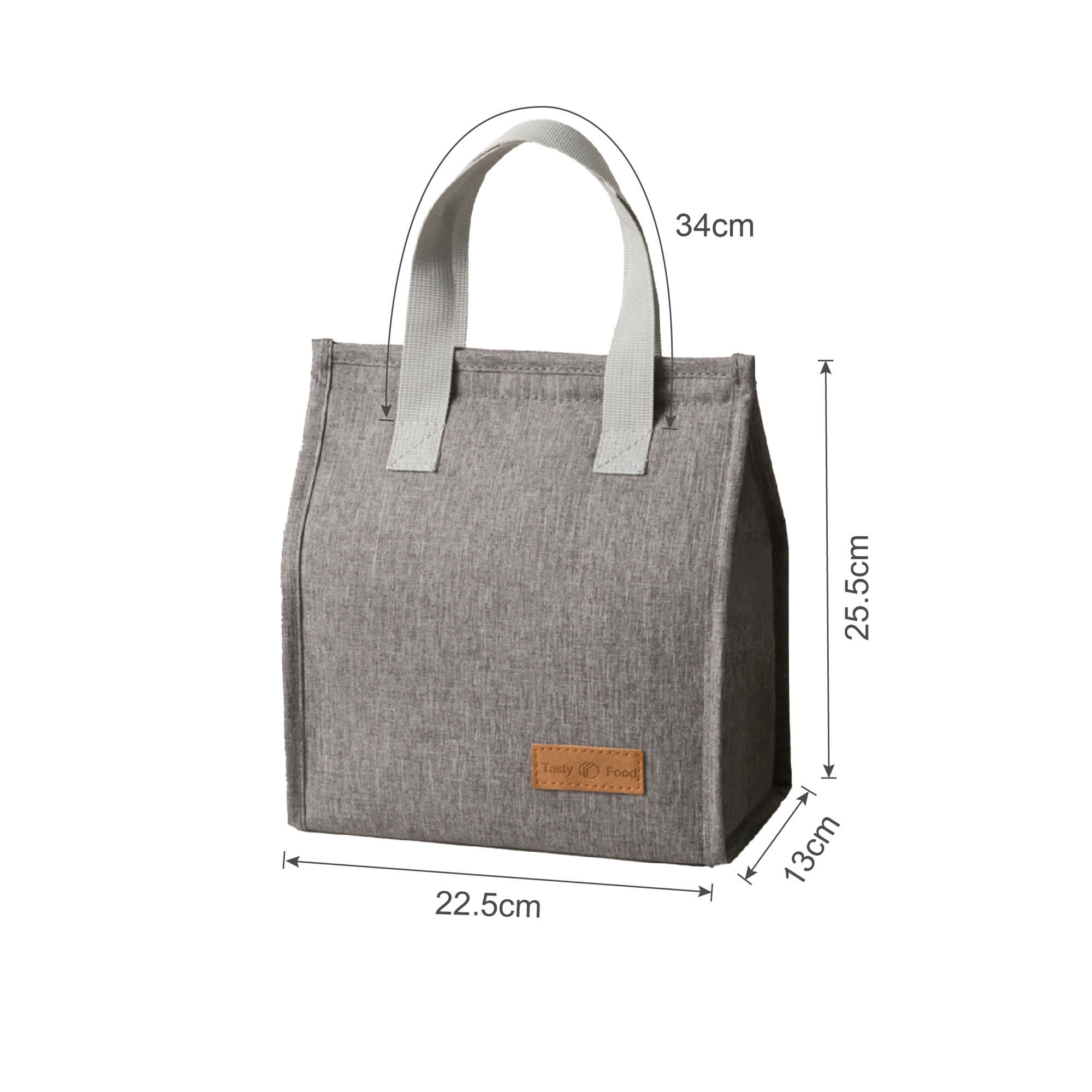 A grey minimalist lunch bag with white straps, featuring a logo and measuring 34cm in height and 22.5cm in width.