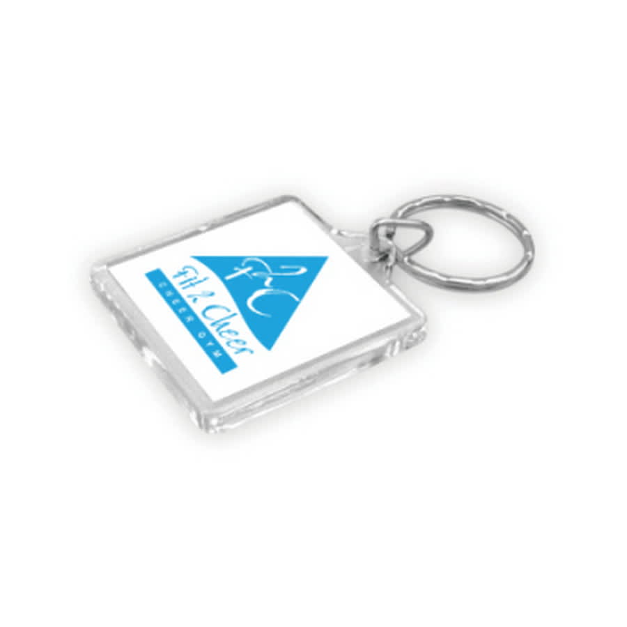 A square acrylic keyring featuring a transparent design and a silver keyring attachment.