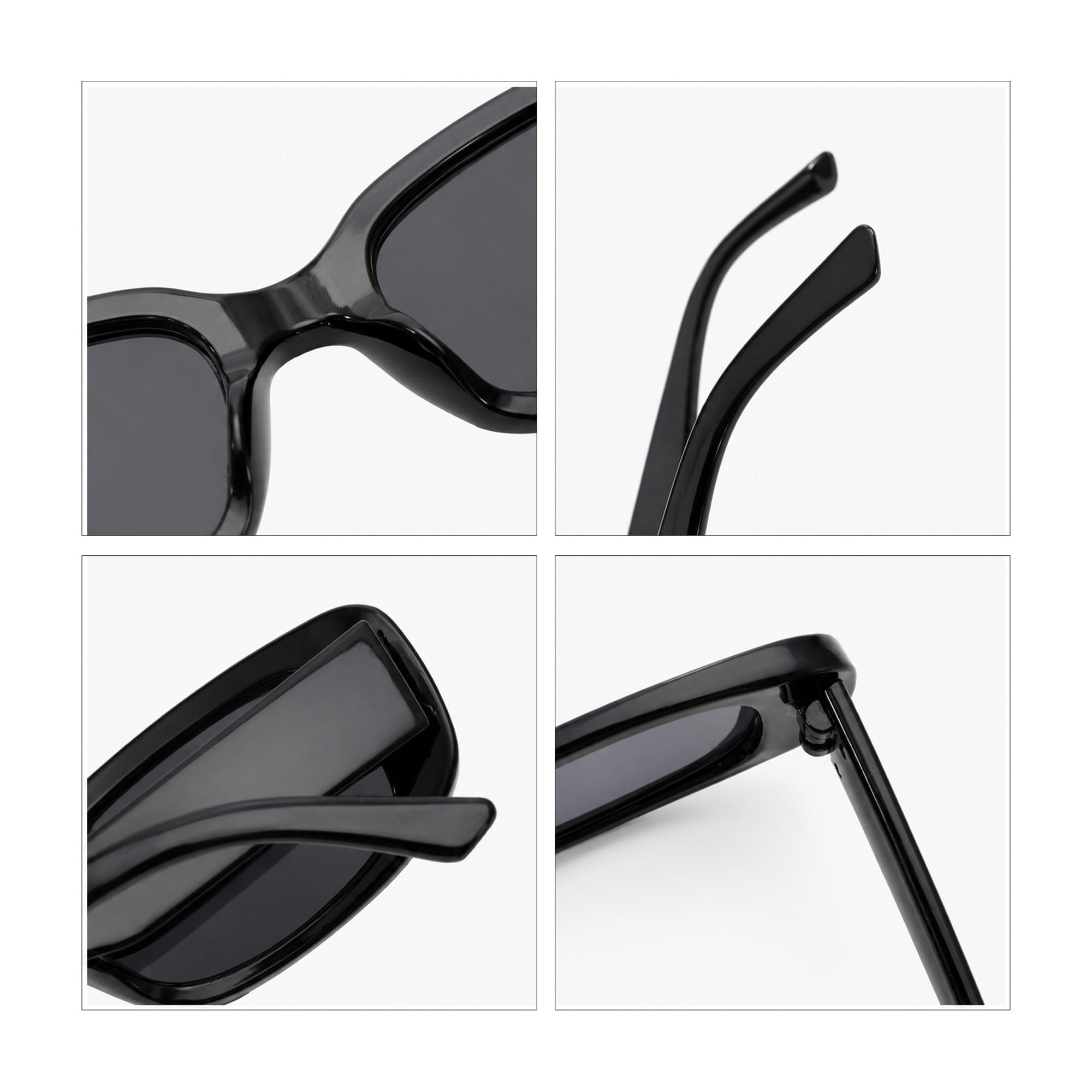 A pair of vintage rectangle sunglasses in glossy black, showcasing details of the frames and arms.