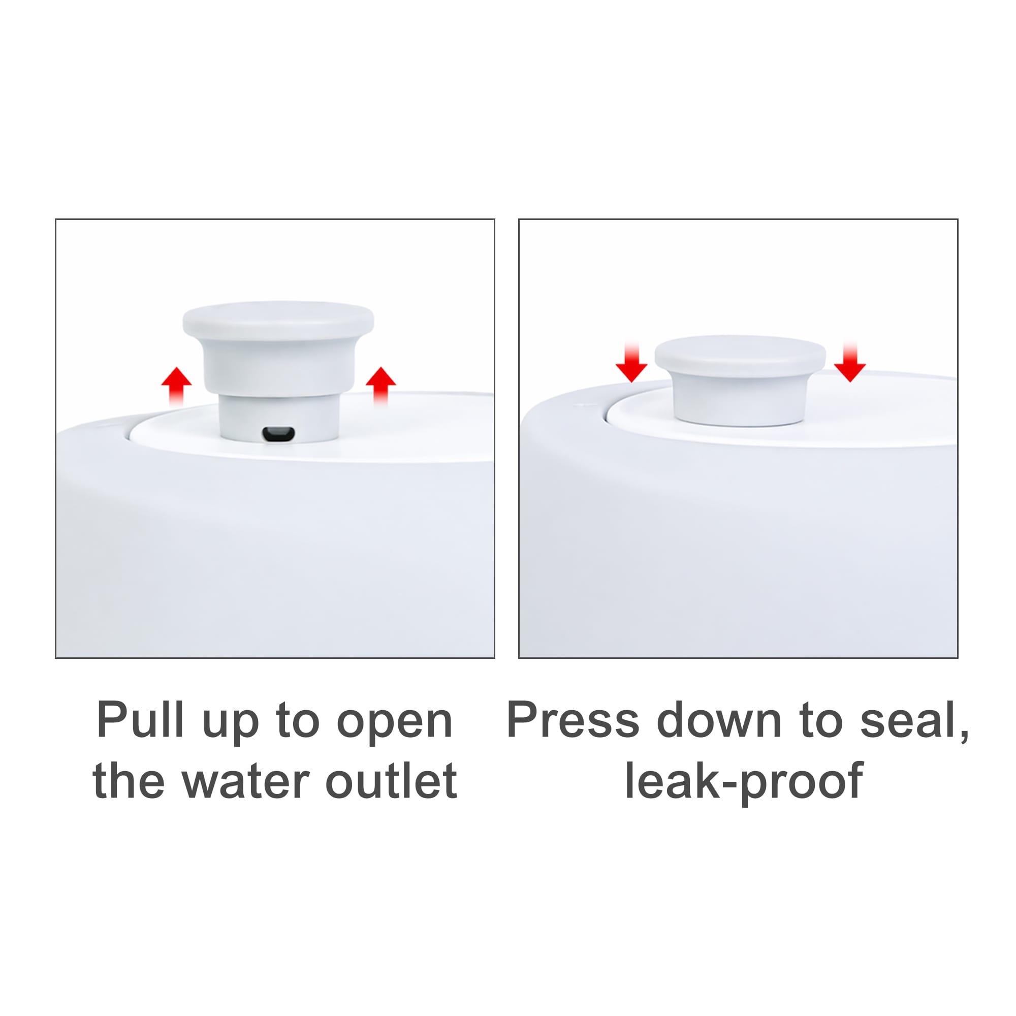 A drink bottle with a white design, featuring a pull-up outlet for opening and a press-down seal for leak-proof use.