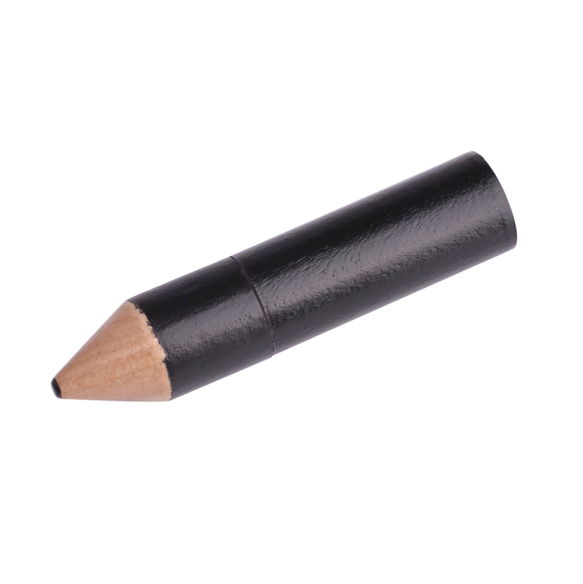 A black pencil-shaped flash drive with a wooden tip, featuring a branding logo on its side.