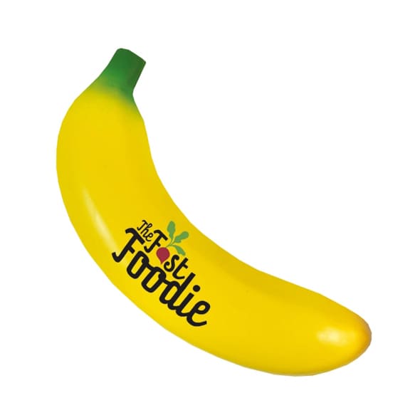 A yellow banana-shaped stress reliever with a green top and a logo on its side.