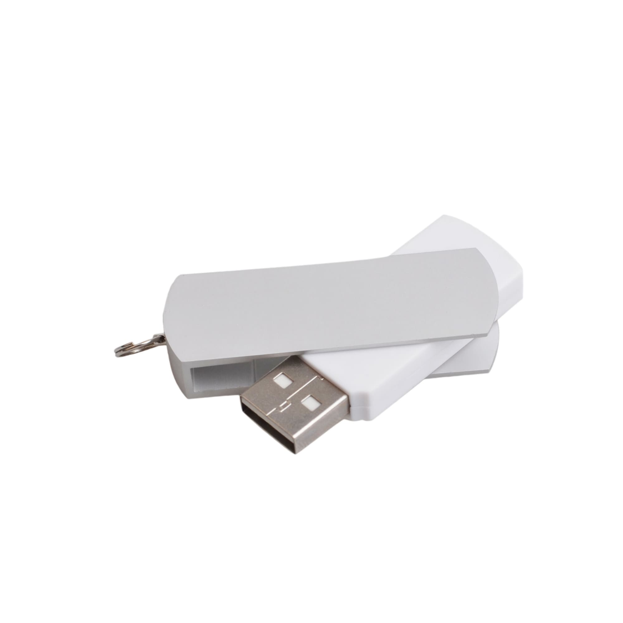 A white flash drive with a grey casing, featuring a metal keyring attachment and a USB connector.