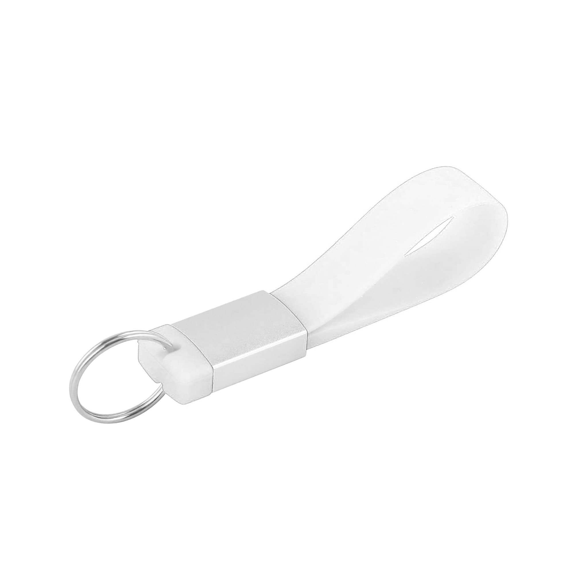 A white silicone tag flash drive with a keyring attachment, featuring a sleek, minimalist design.