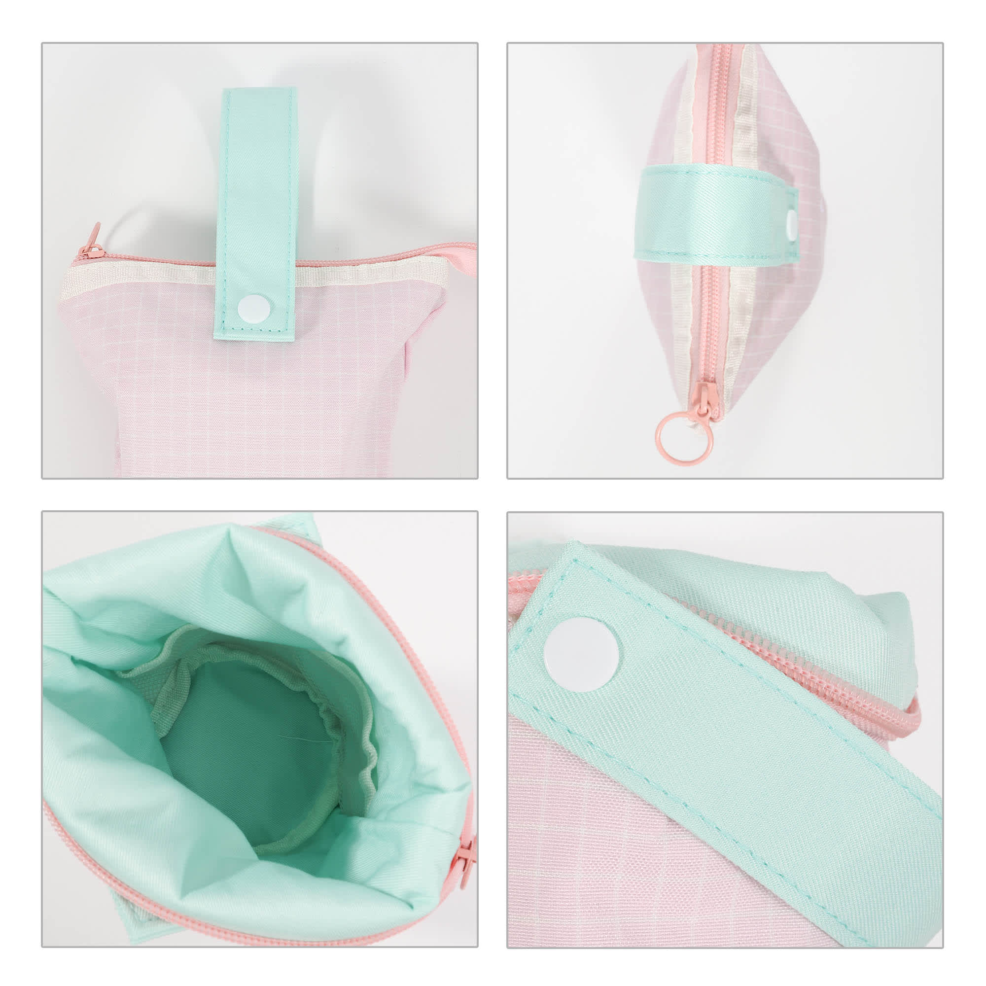 A foldable pencil case in pastel pink and teal, featuring a zip closure and a handle. The case has branding visible.
