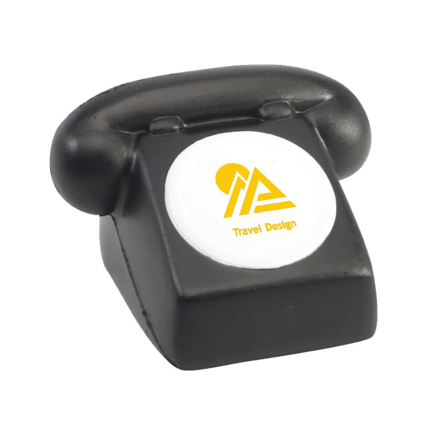 A black phone-shaped stress reliever with a circular area featuring branding. Suitable as a fun keyring accessory.
