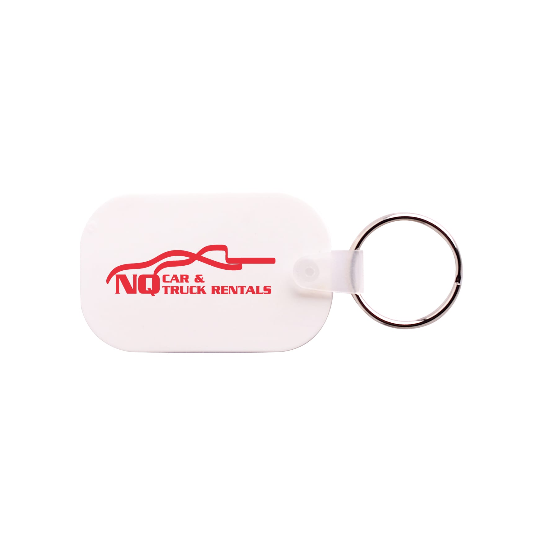 A white Oblong Durasoft keyring featuring a circular metal ring and a logo in red.