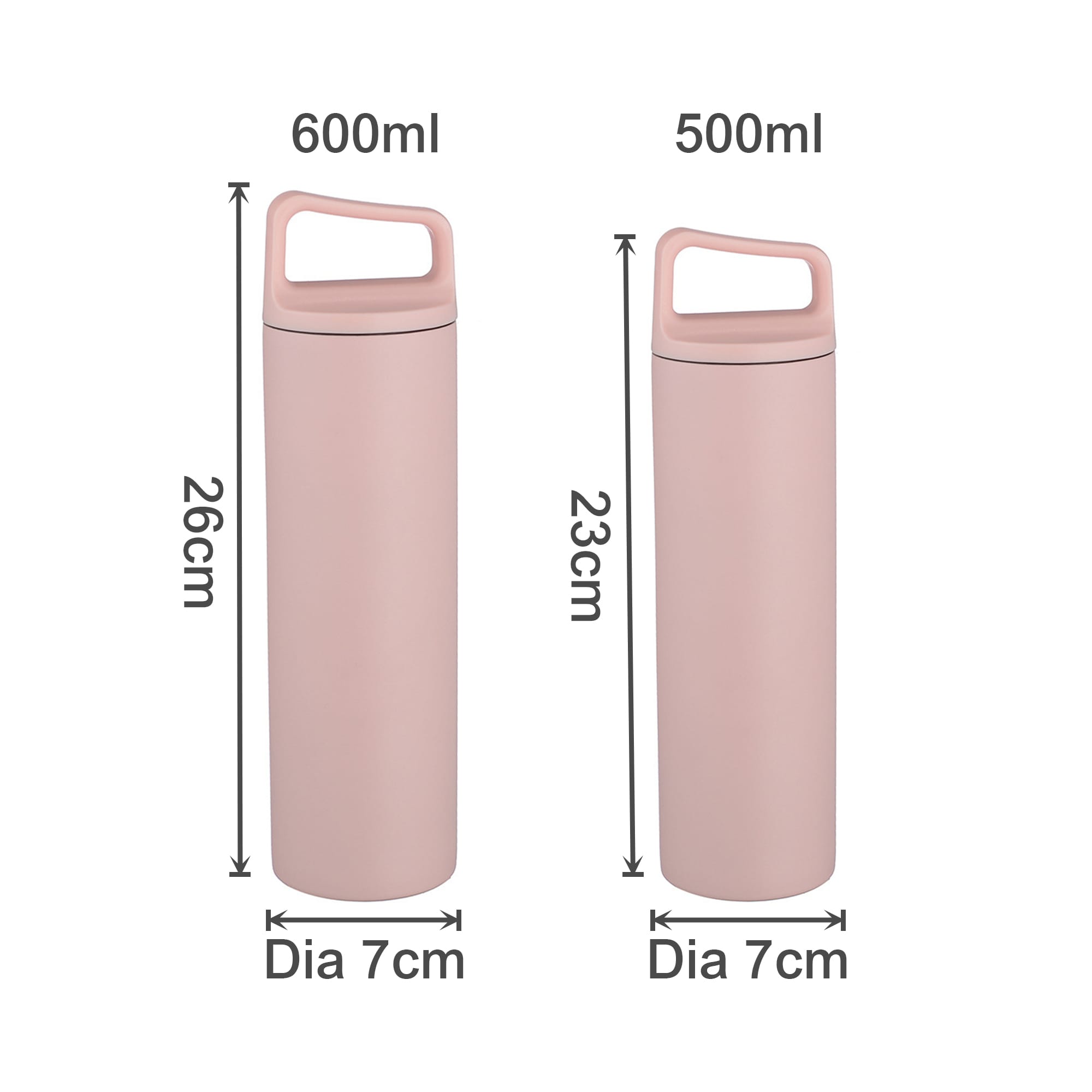 A drink bottle in pink with a handle, available in 500ml and 600ml sizes, featuring a sleek design.