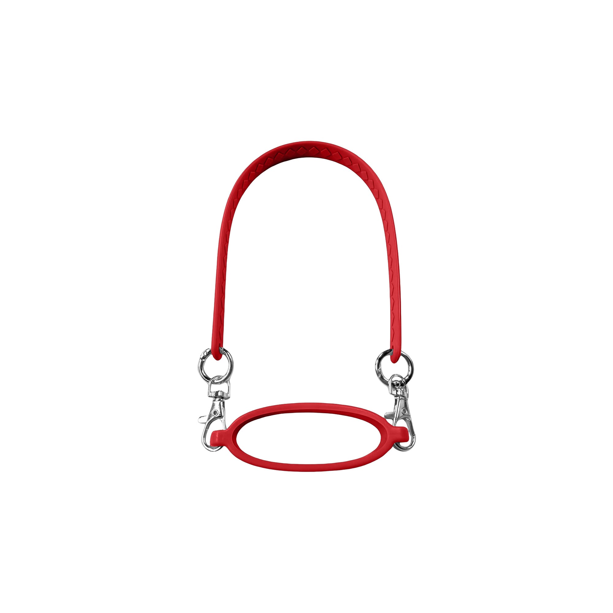A drink bottle carry strap in vibrant red silicone, featuring metal clips for attachment and a rounded handle design.