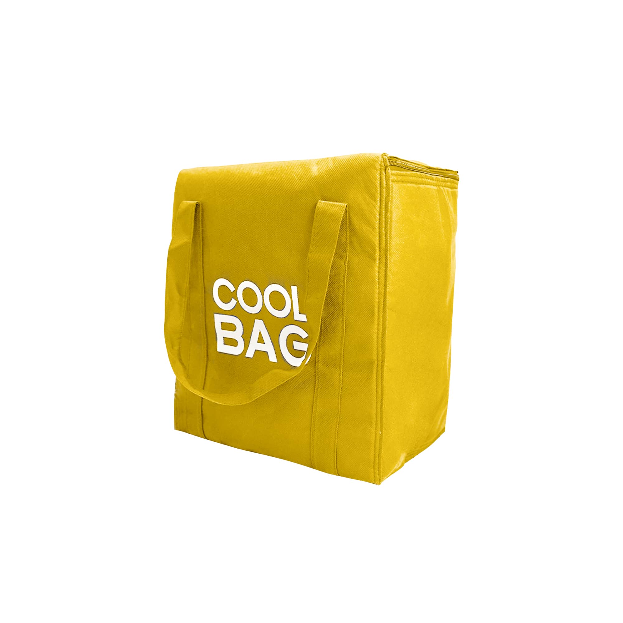 A yellow non-woven cooler bag with two handles and a visible logo.