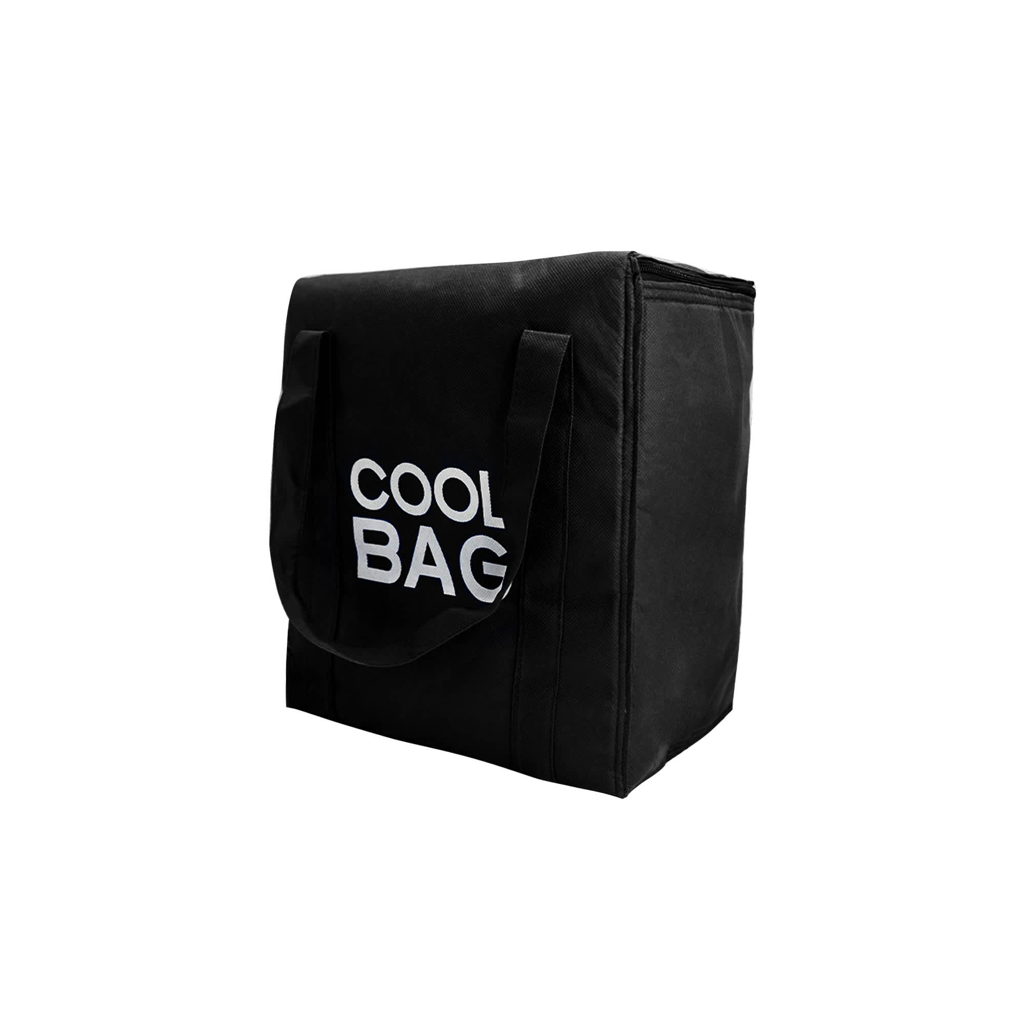 A black non-woven cooler bag with two handles and a logo on the front.