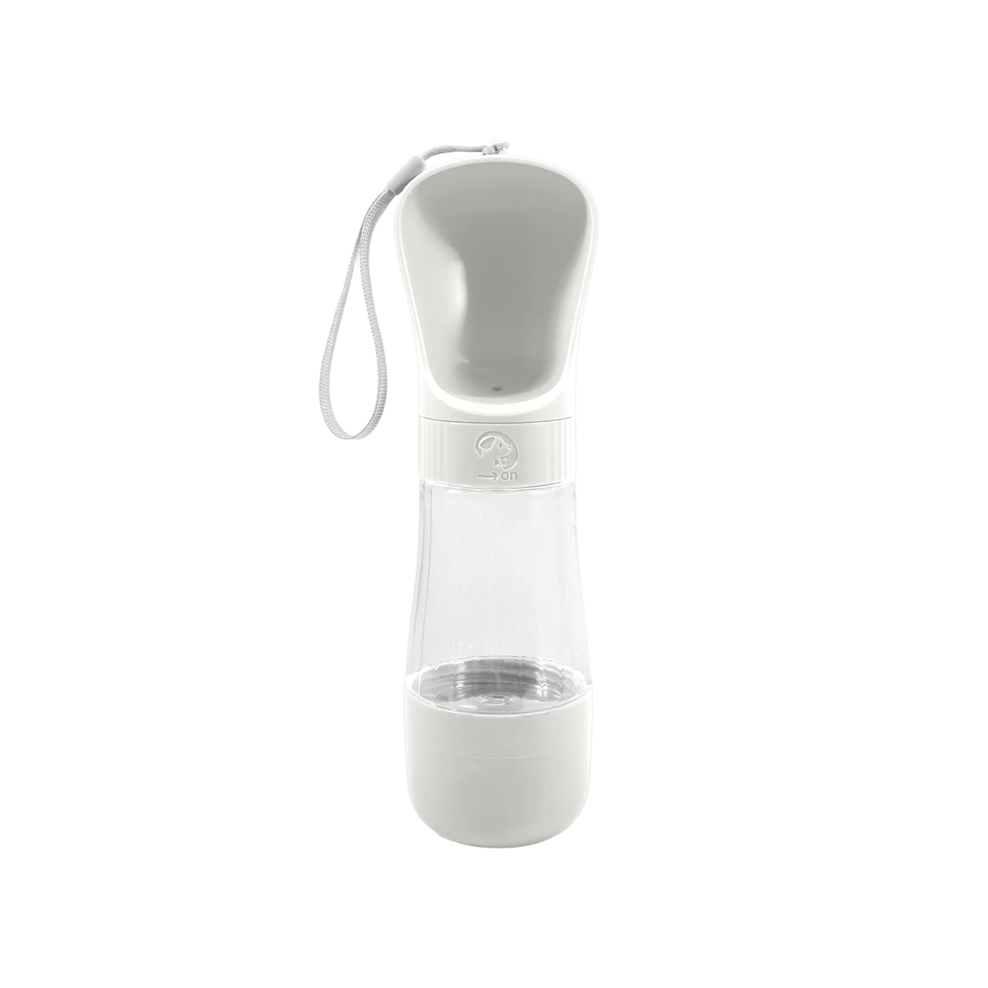 A drink bottle in white with a detachable food container and a built-in carrying strap. It features a logo.