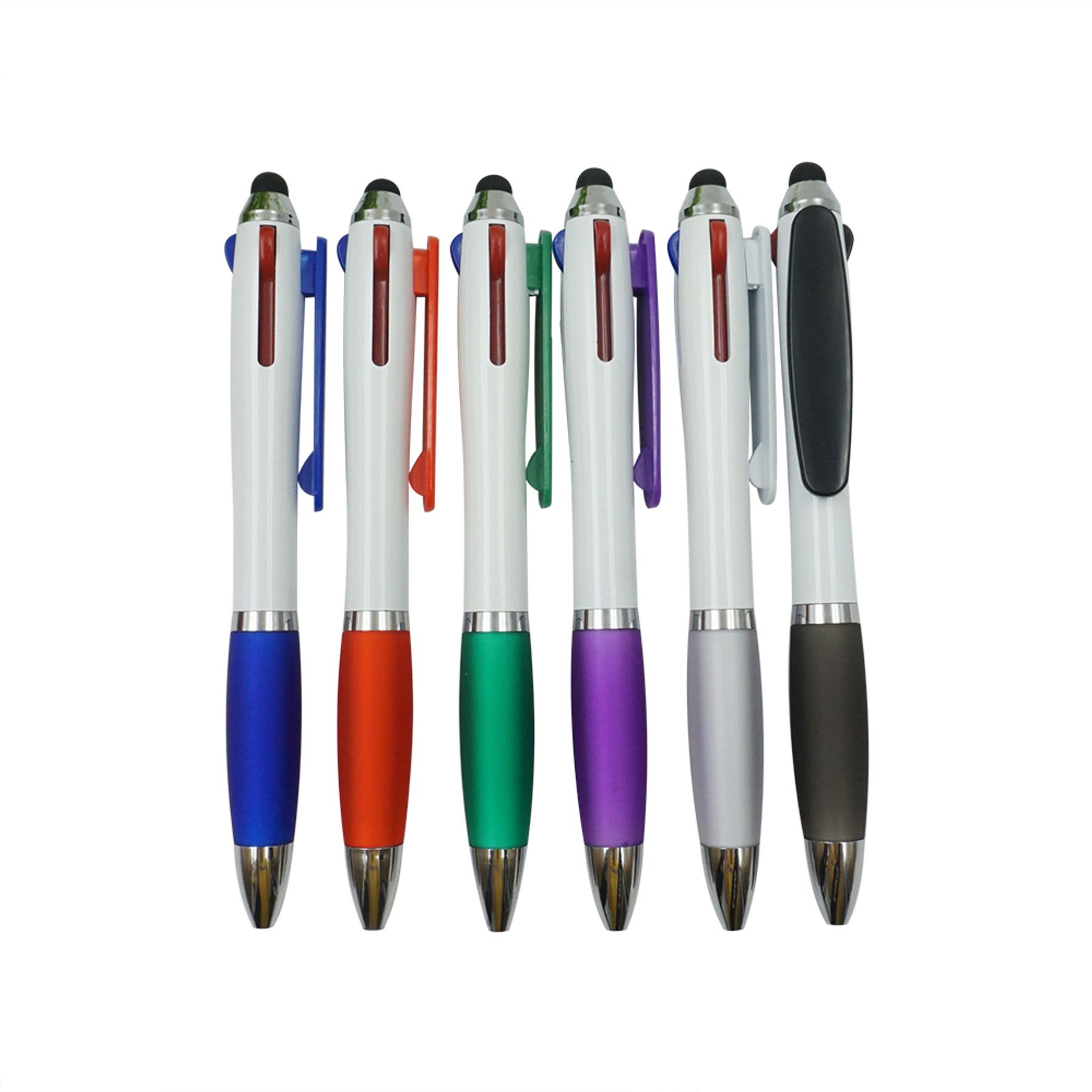 A set of six ballpoint pens in red, green, purple, orange, grey, and black, featuring a white barrel and branding.