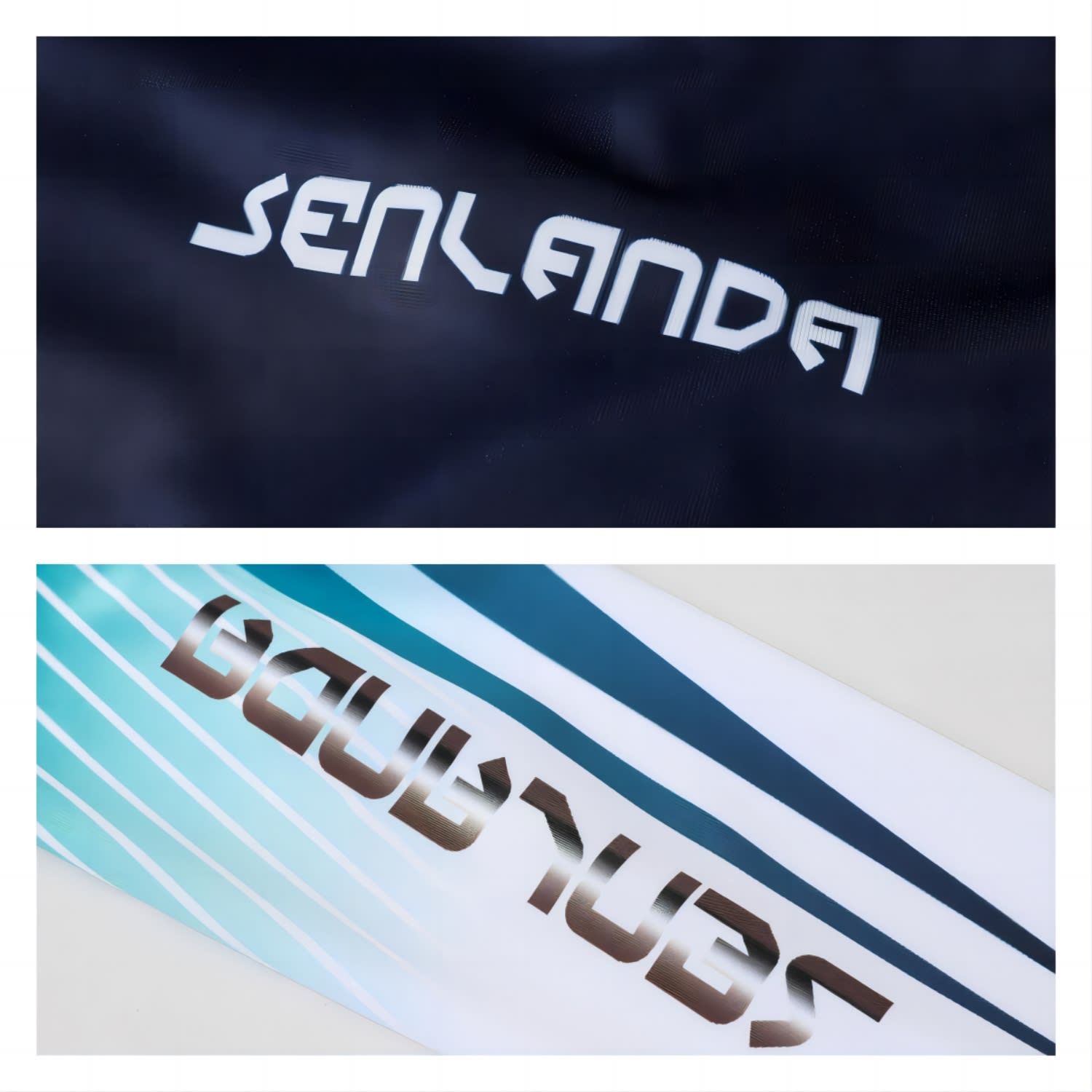A close-up of a fabric featuring two designs: one in navy and another in white with turquoise stripes.