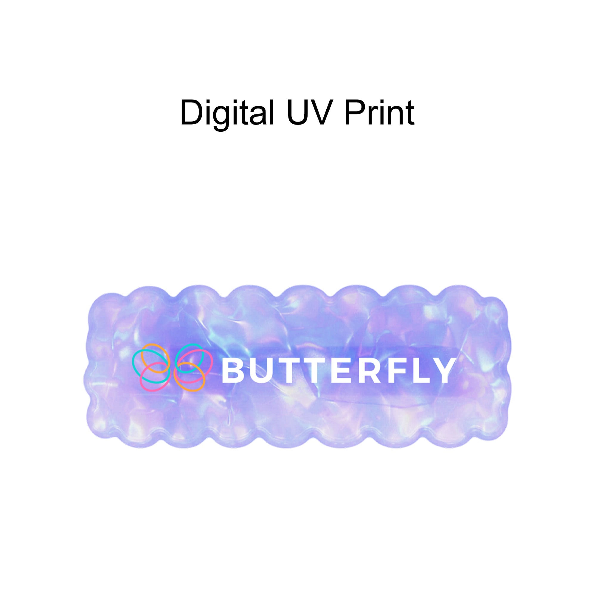 A wavy rectangle hair clip in iridescent hues, featuring a logo and a smooth, glossy finish.