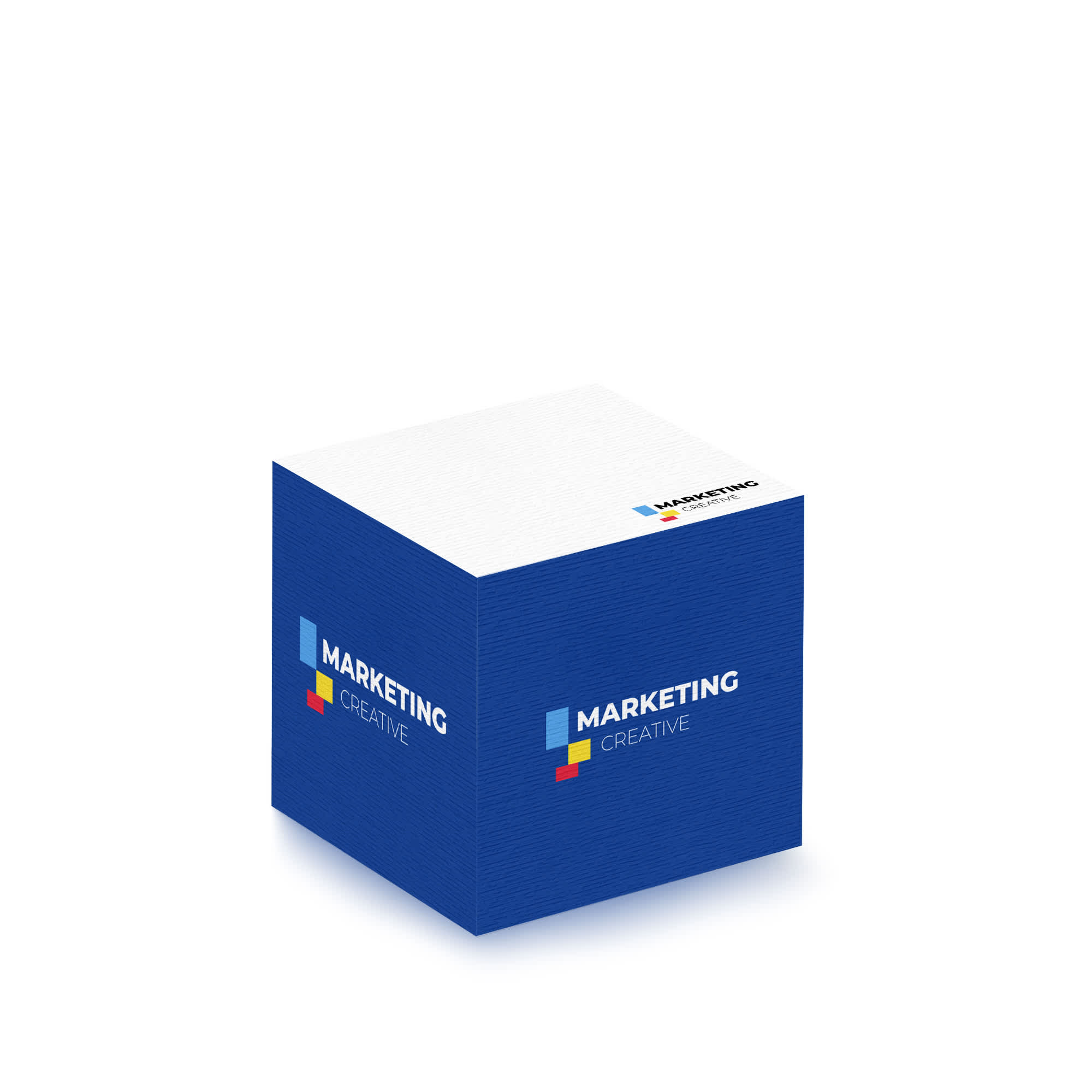 A blue cube with a textured surface featuring a logo and colourful block elements on the top.