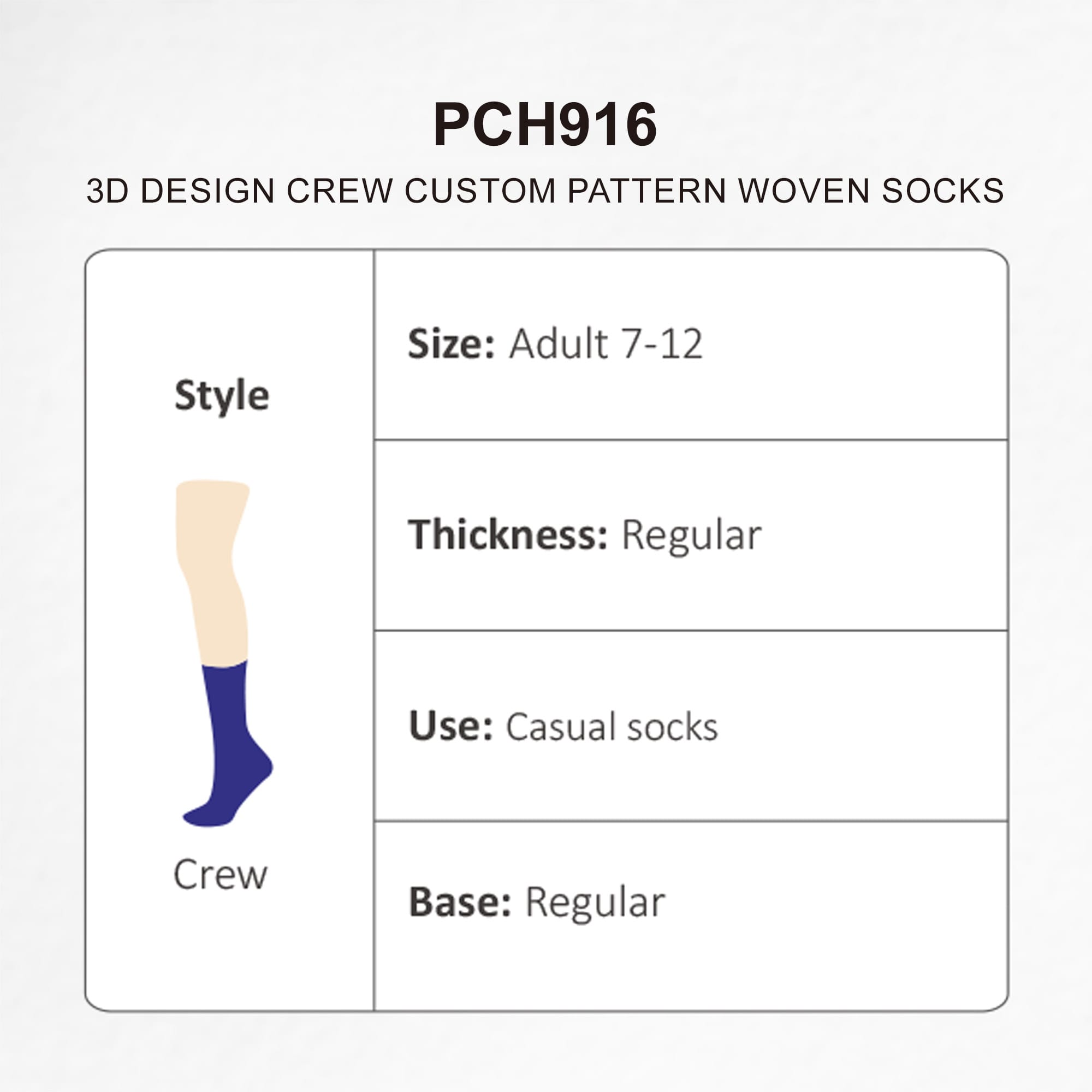 A pair of purple crew socks, designed with a custom pattern, presented with product details and a logo.