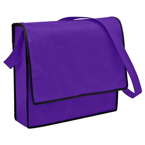 A purple non-woven sling bag with a black trim and adjustable shoulder strap. It features a flap closure and a logo.