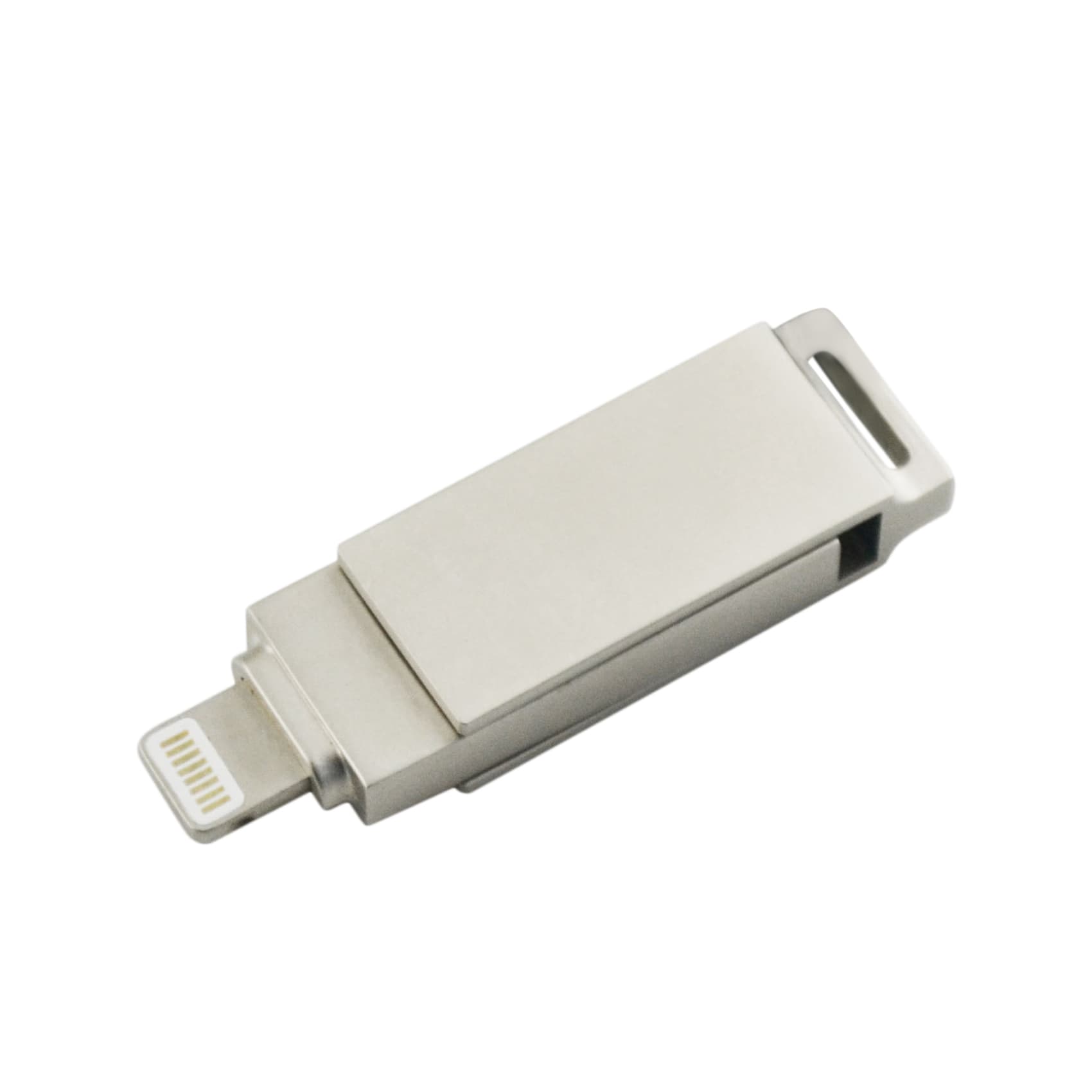 A silver swivel flash drive with a built-in connector. It has a modern design and features a branding logo.