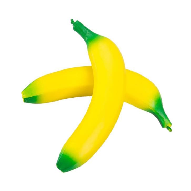 A yellow banana-shaped stress reliever with green tips, featuring a branding logo.