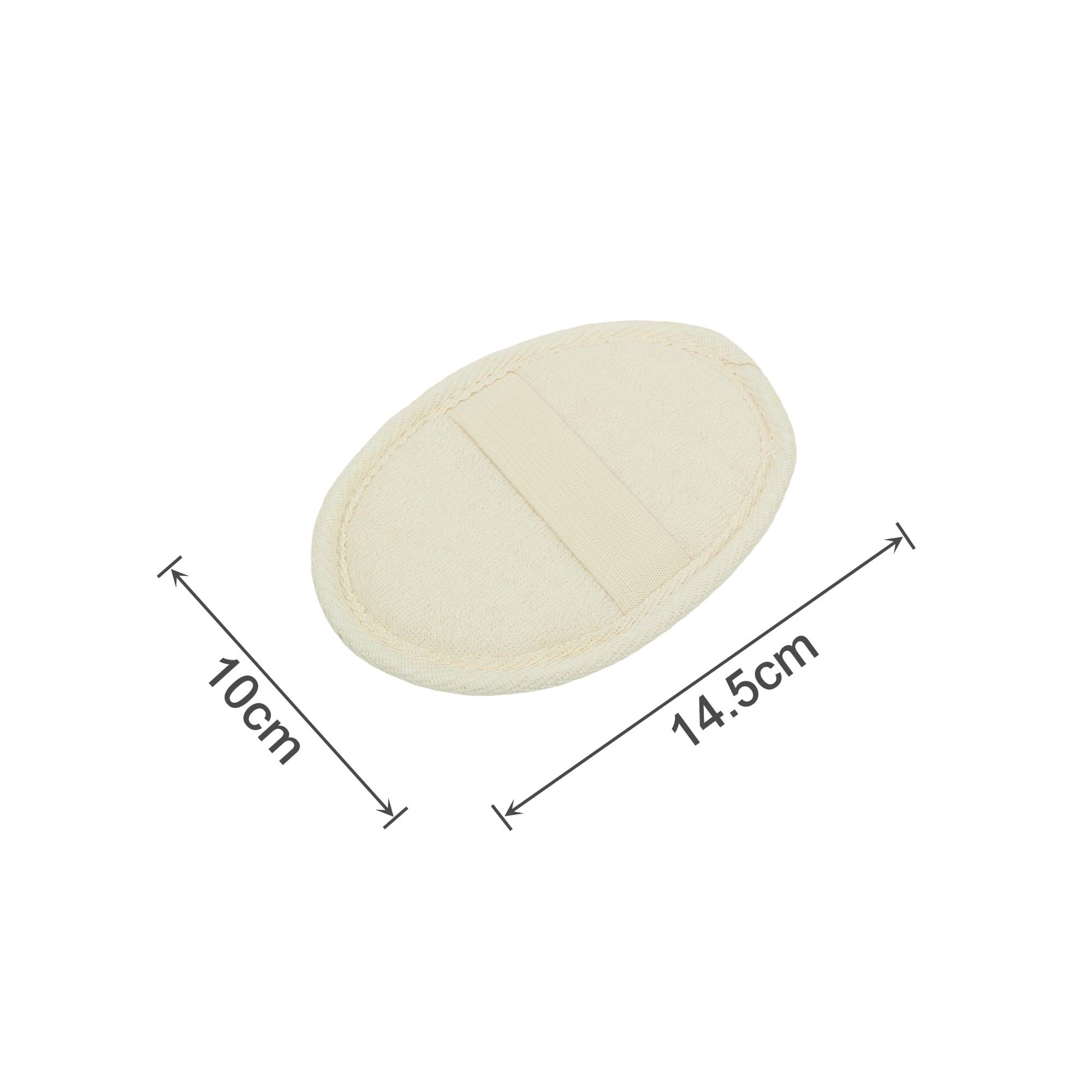 A natural cotton linen bath sponge pad in cream, oval-shaped, with a fabric back and measuring 14.5cm by 10cm.