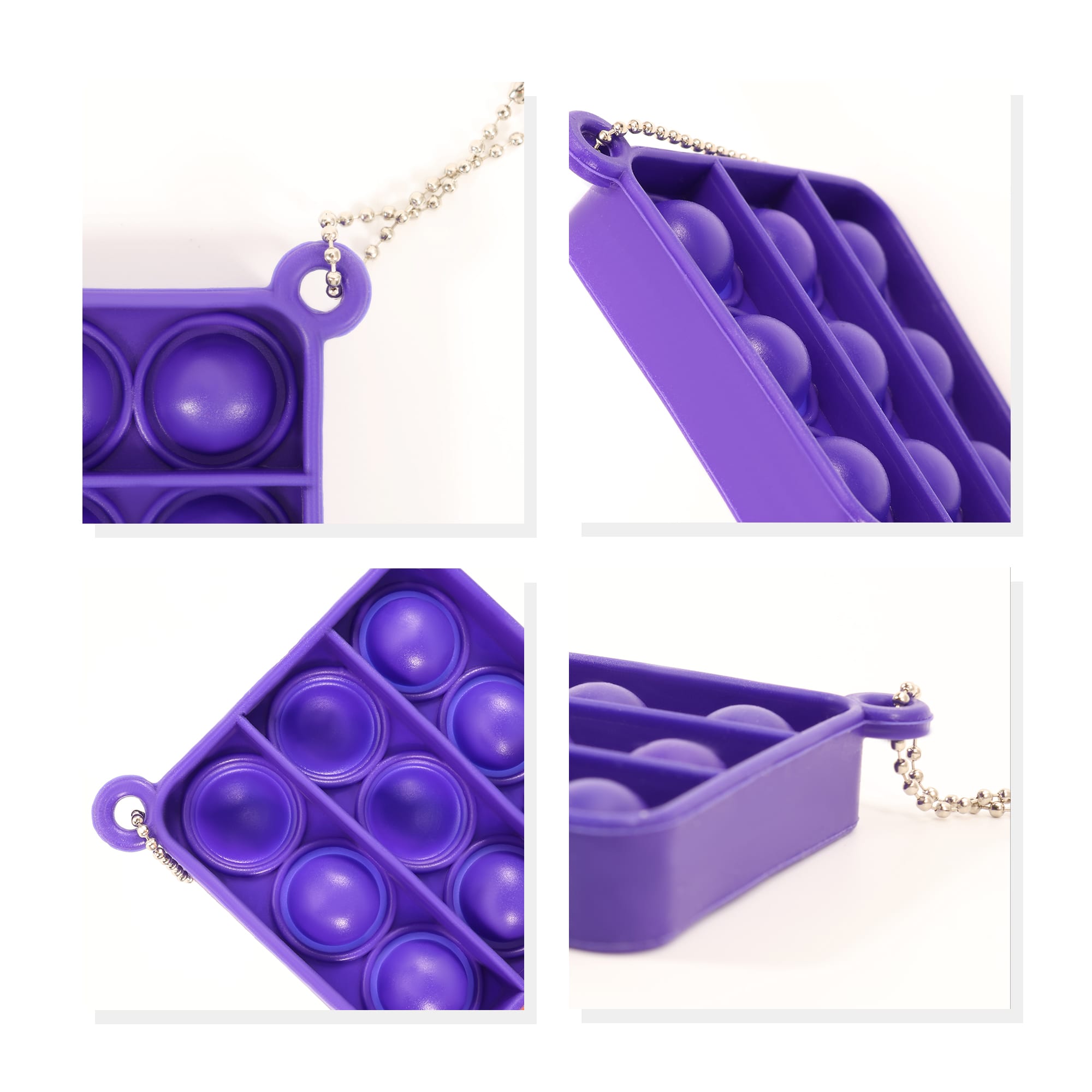 A purple square fidget keychain featuring multiple raised bubbles and a silver chain attachment.