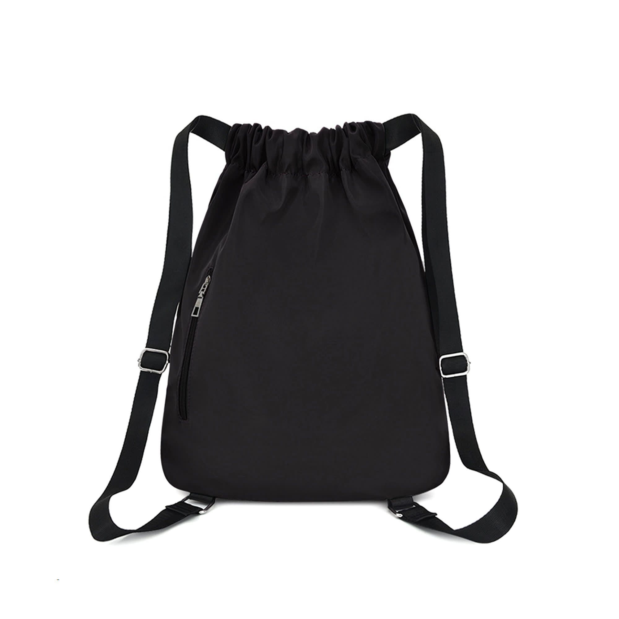 A black lightweight drawstring backpack with adjustable straps and a zippered pocket. Features a logo.