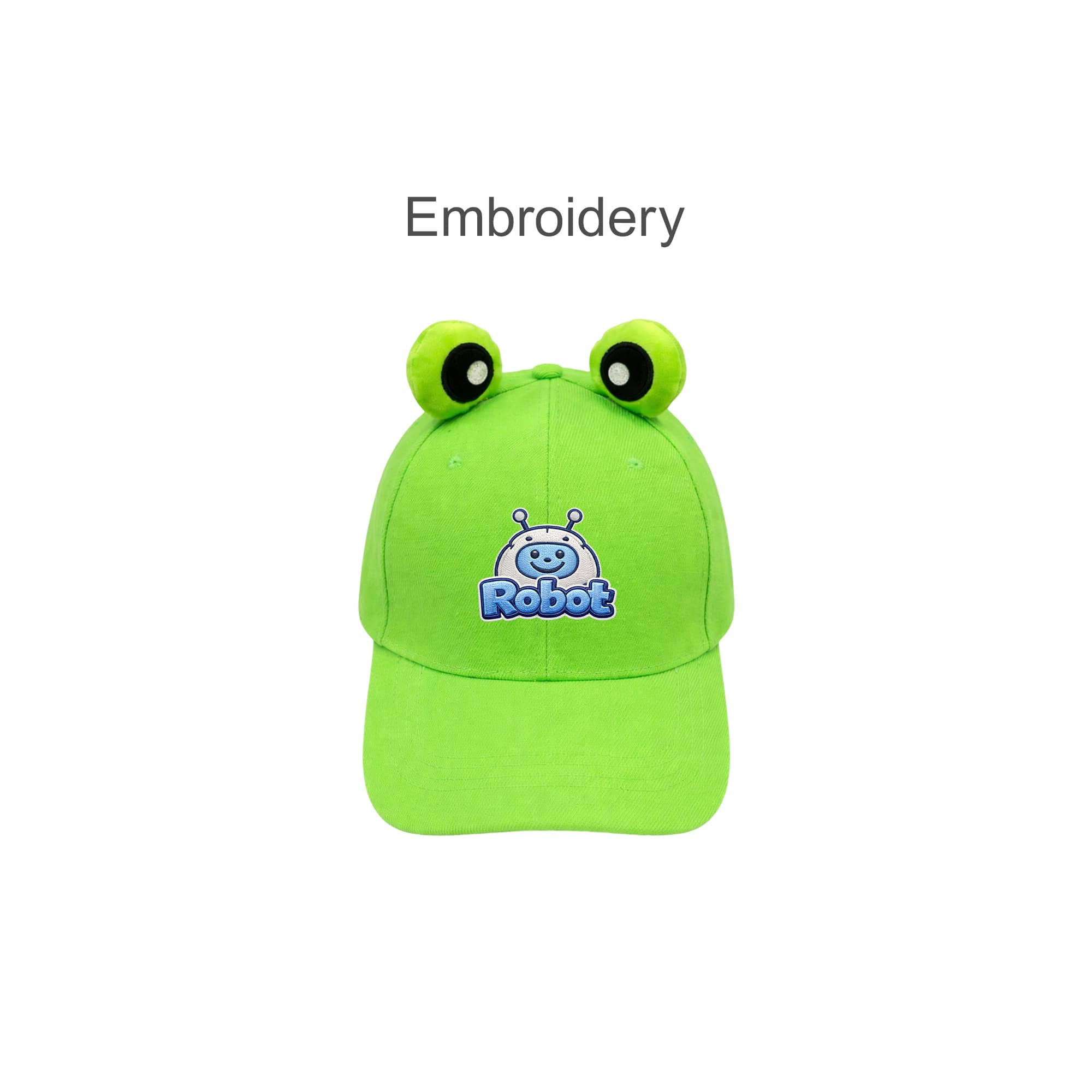 A bright green baseball cap with embroidered details and animal ears on top, featuring a logo on the front.
