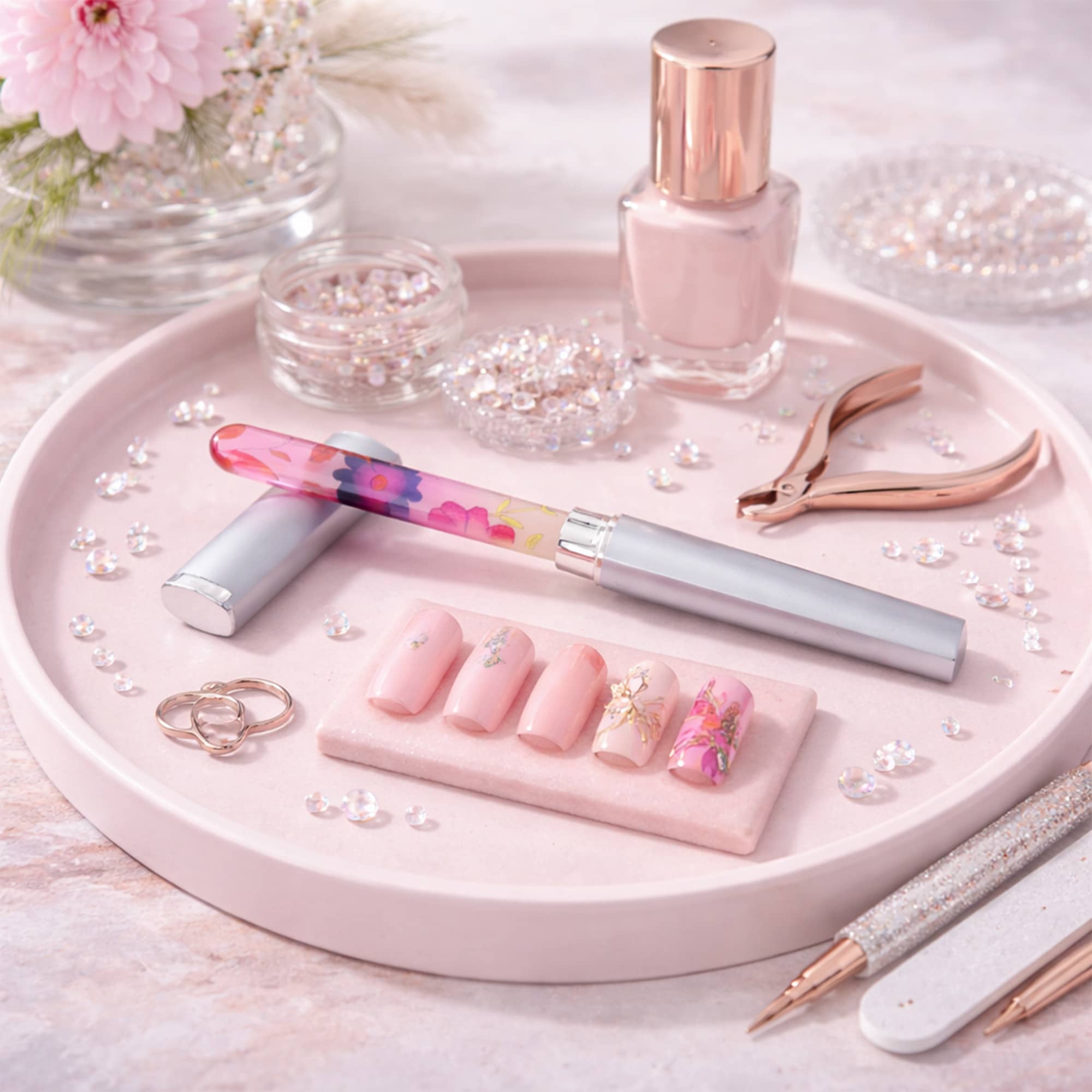 A gradient coloured glass nail file rests on a pink tray, surrounded by nail decor, polish, and beauty tools.