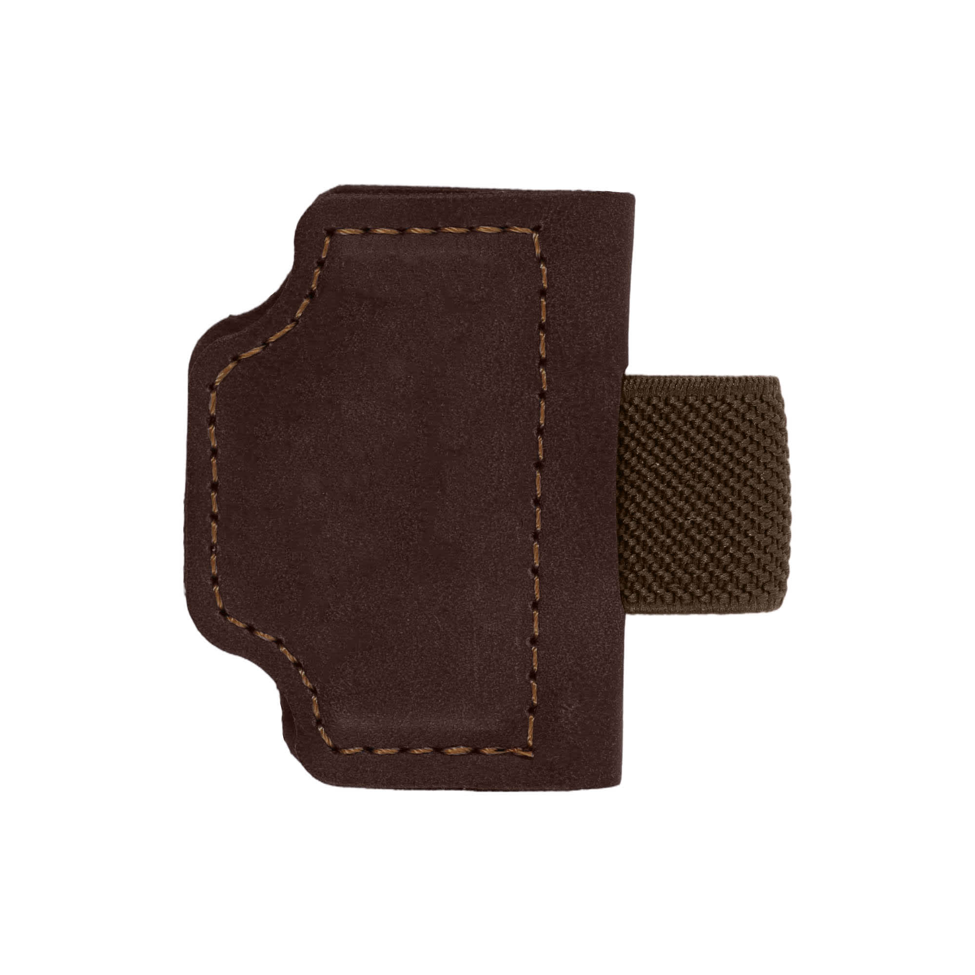 A magnetic bookmark with a pen clip, featuring a brown fabric cover and a textured strap. It has a logo.