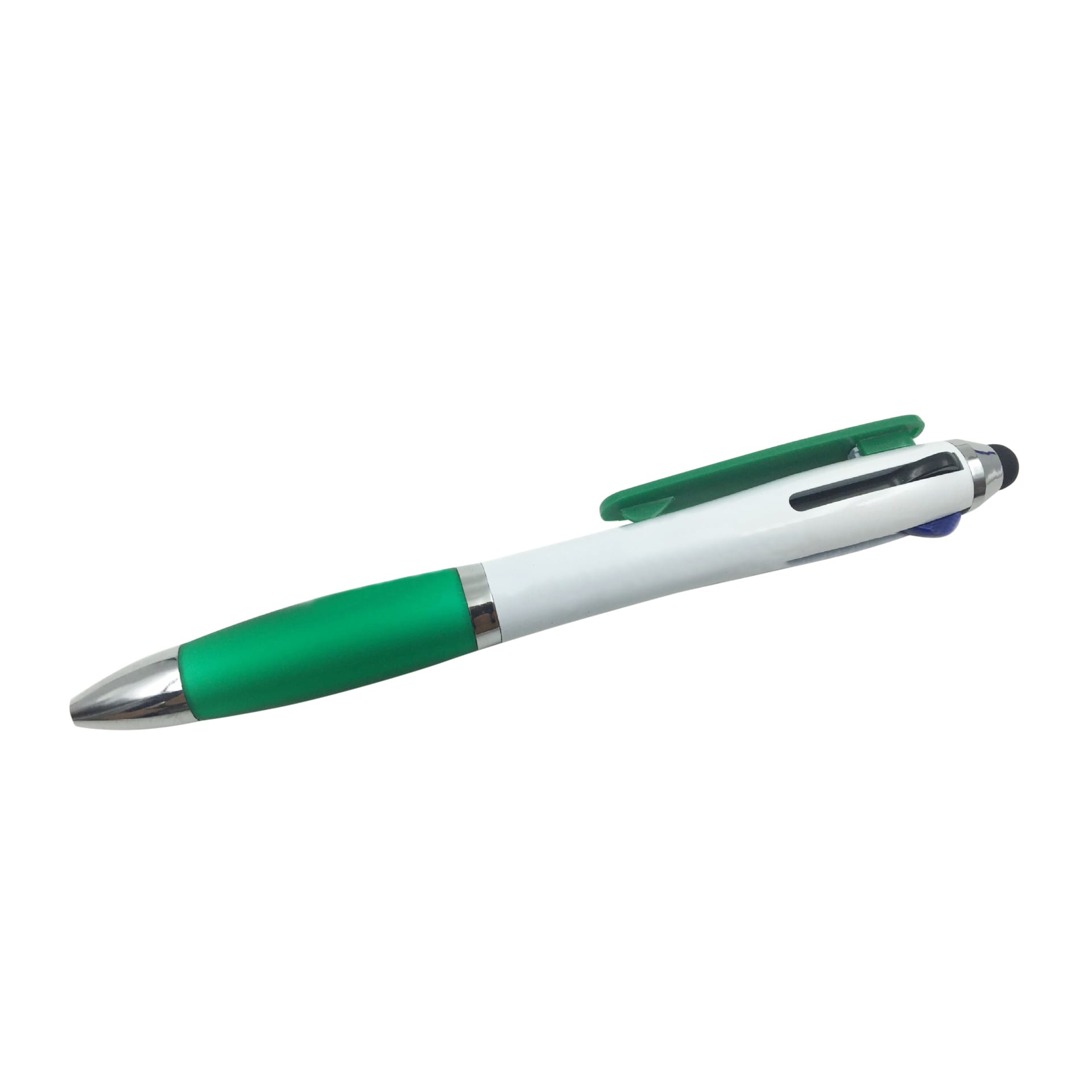 A three-colour ball pen with a green grip, white body, and chrome accents. It features a clip and branding.