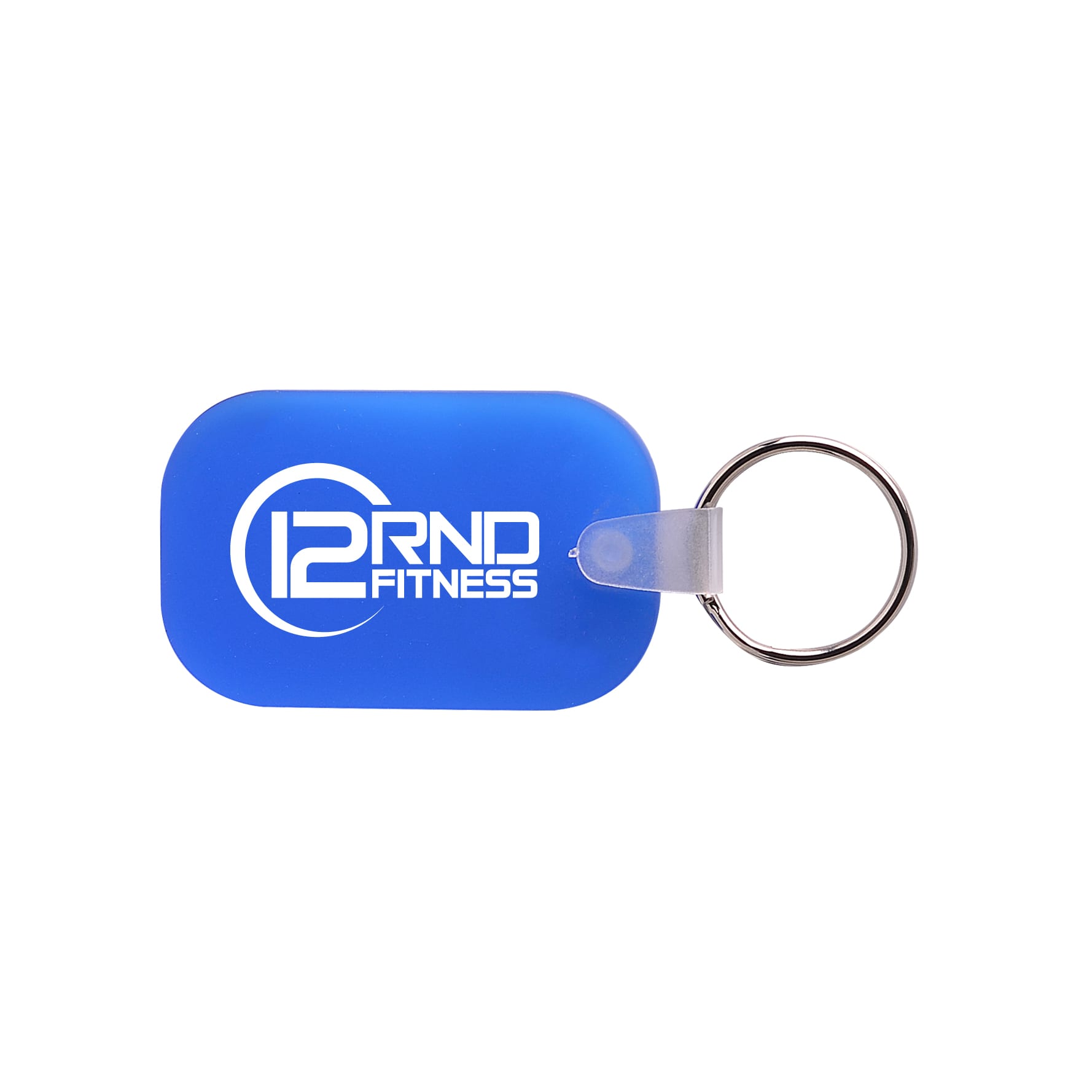 A blue oblong keyring with a shiny silver keyring attachment and a logo.