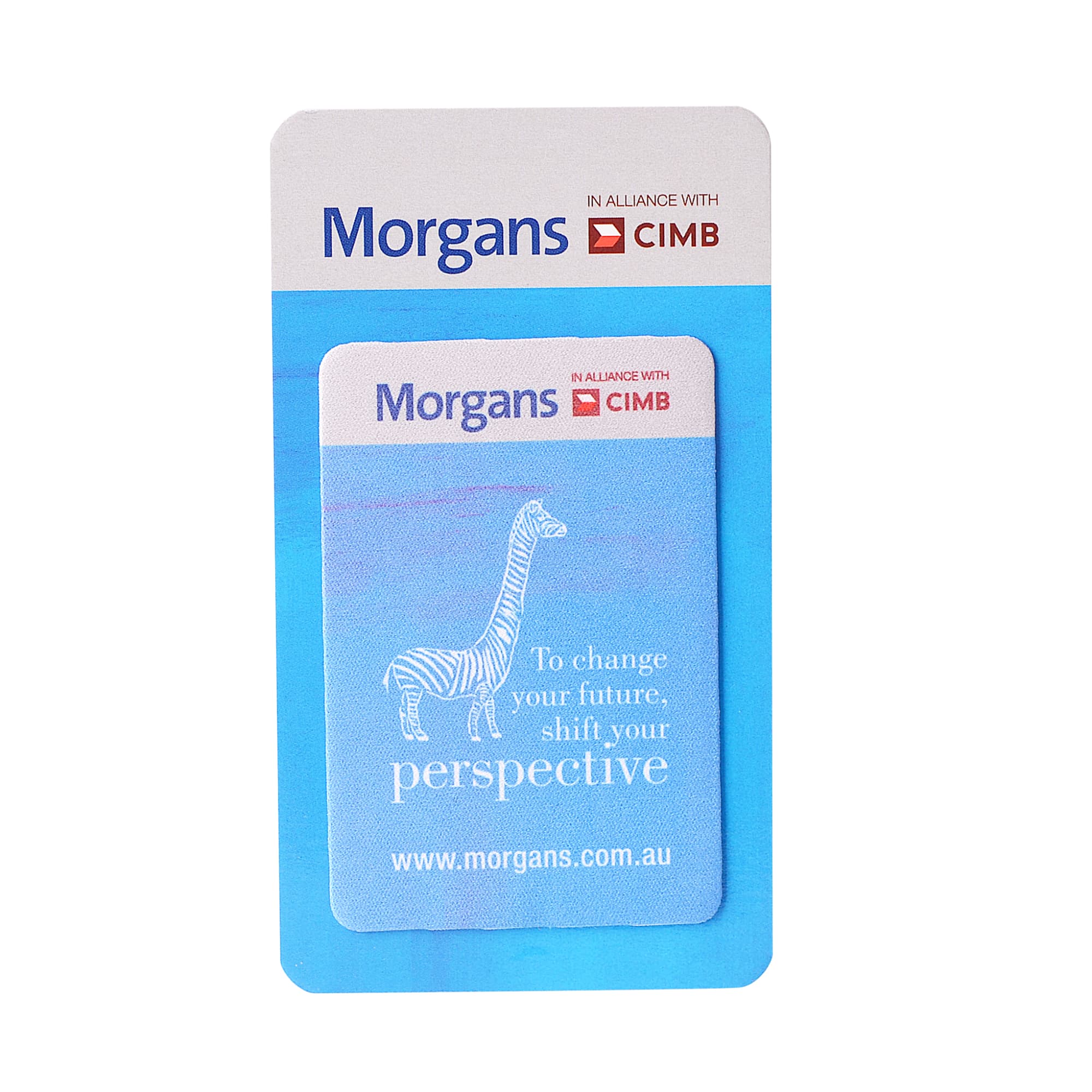 A promotional phone screen cleaner featuring a blue and white design with a cartoon giraffe and a logo.