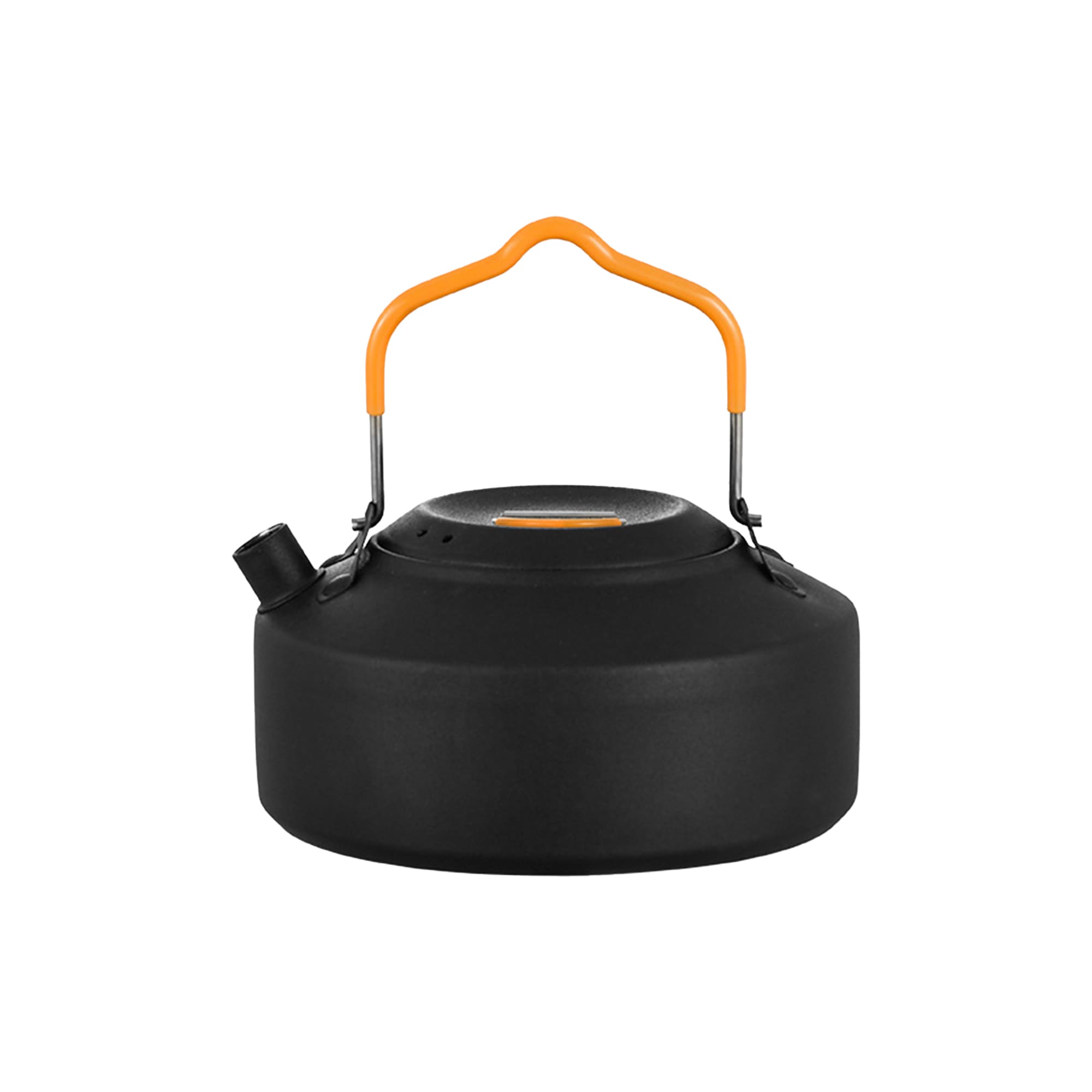 A black camping kettle with an orange handle and spout, designed for coffee or tea preparation.