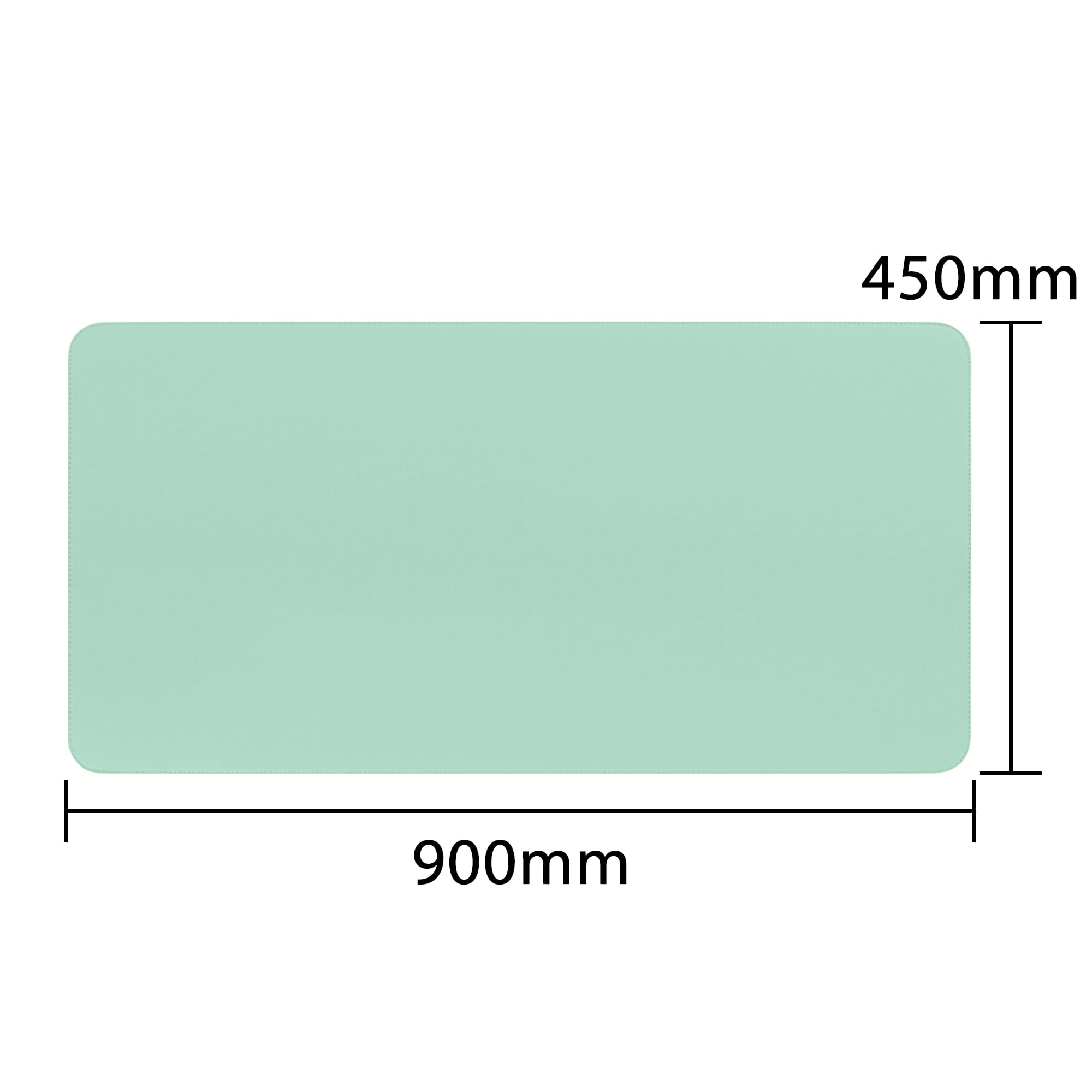 A mint green PU leather desk mat featuring rounded corners, with dimensions of 900mm by 450mm. It has a logo.