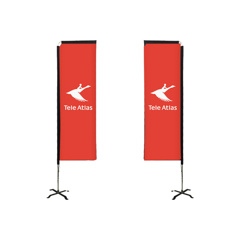 Two tall rectangular banners are displayed on black bases with a red background and a logo.