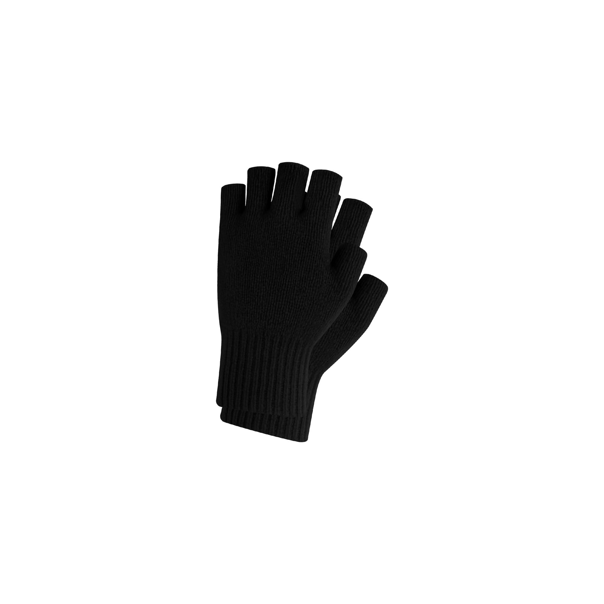 Black knitted fingerless gloves displayed in a stacked position, featuring a woven label.