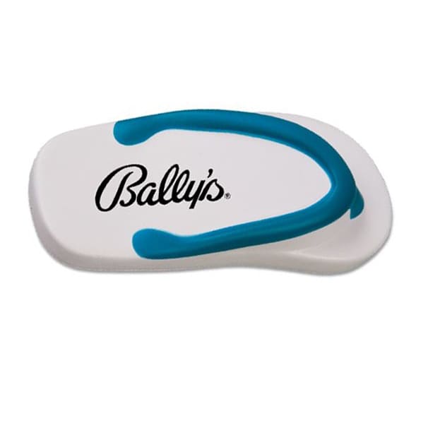 A white and blue flip-flop shaped stress reliever with a logo on it.