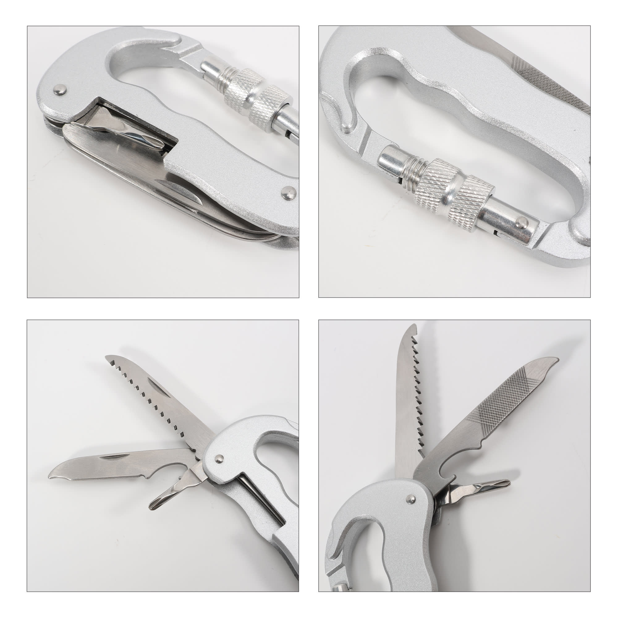 A silver multifunctional carabiner with various tools including a knife and file, featuring a textured grip.
