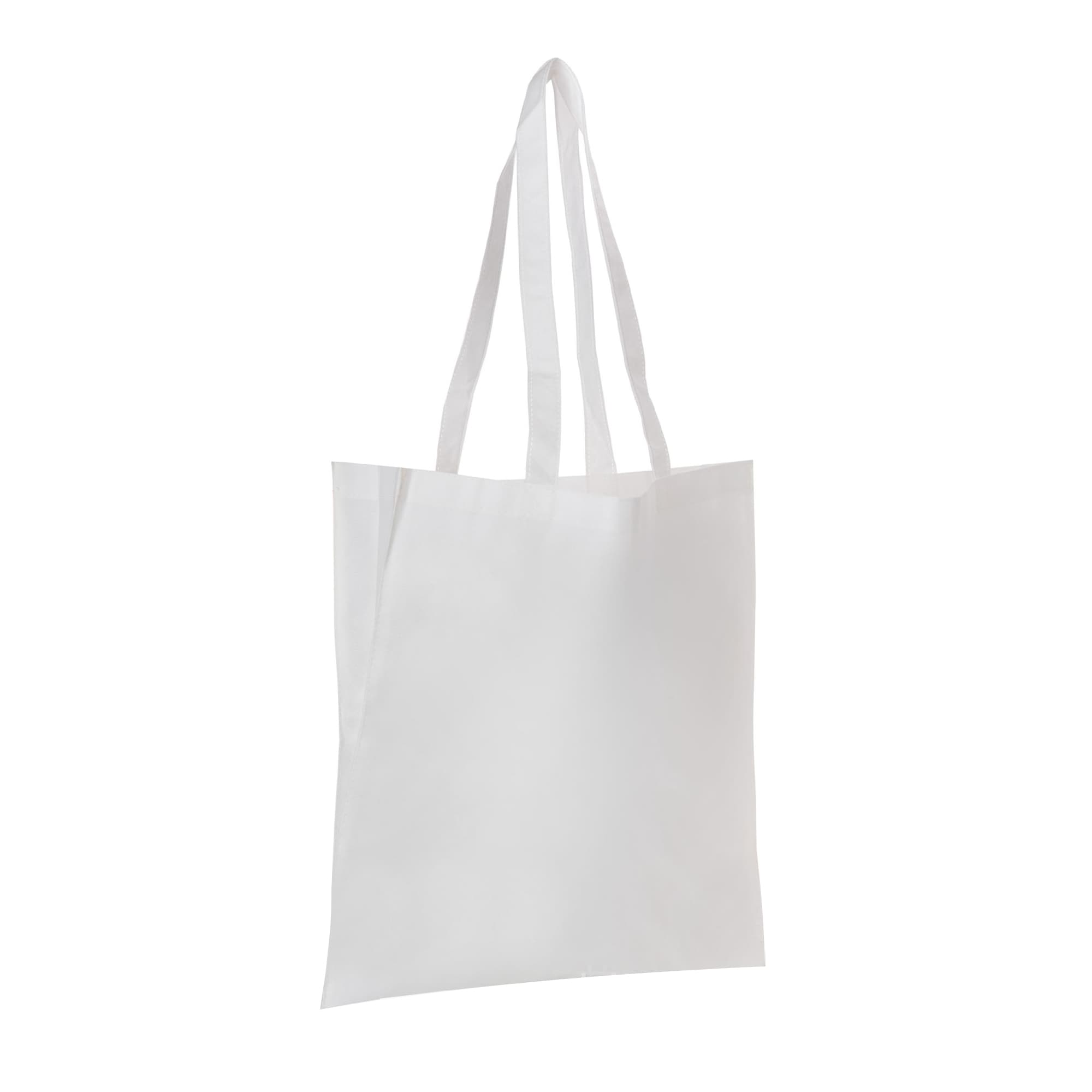 A white non-woven long handle bag with a V gusset and two shoulder straps, featuring a simple design.