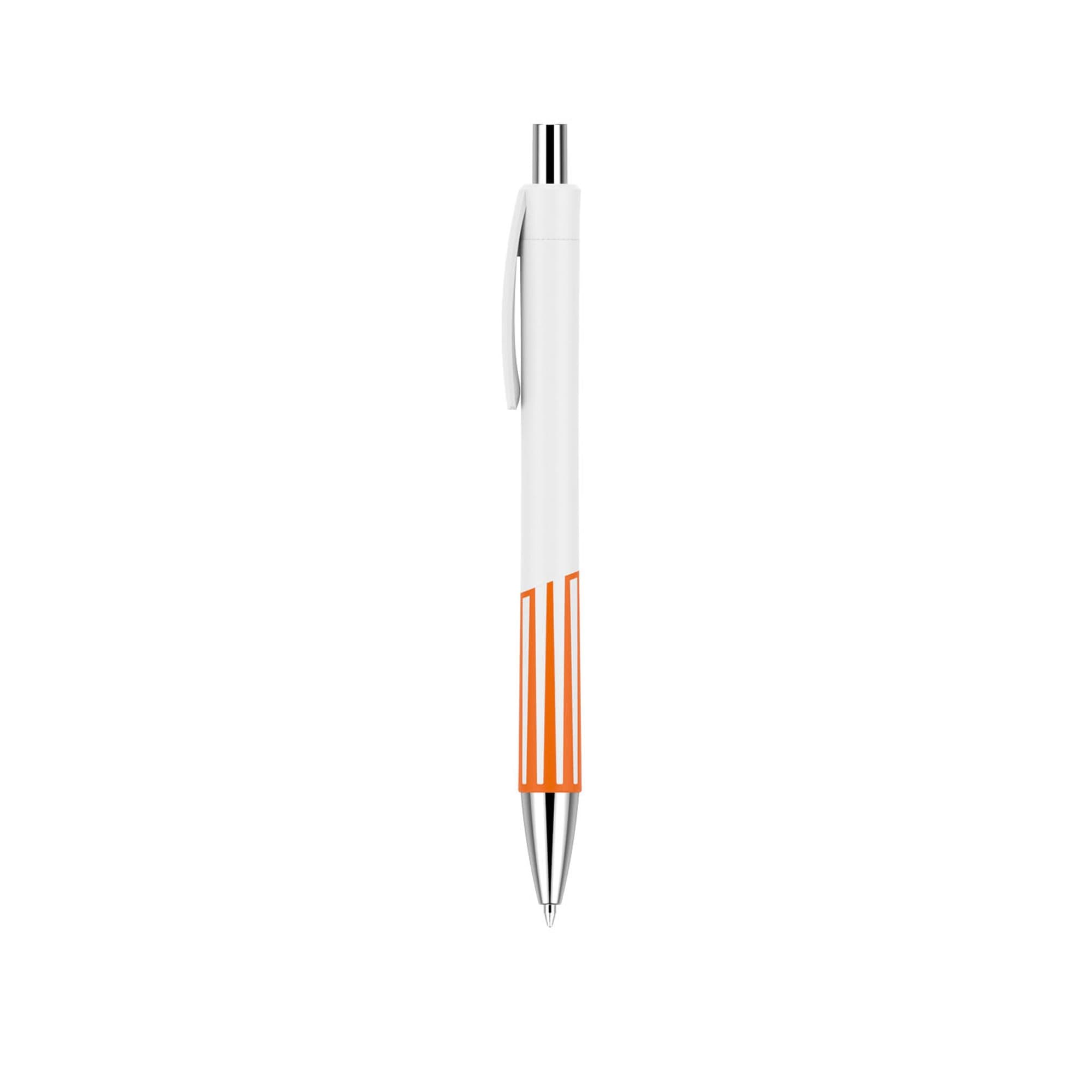 A plastic pen with a creamy white barrel and three orange stripes near the base, featuring a silver clip and tip.