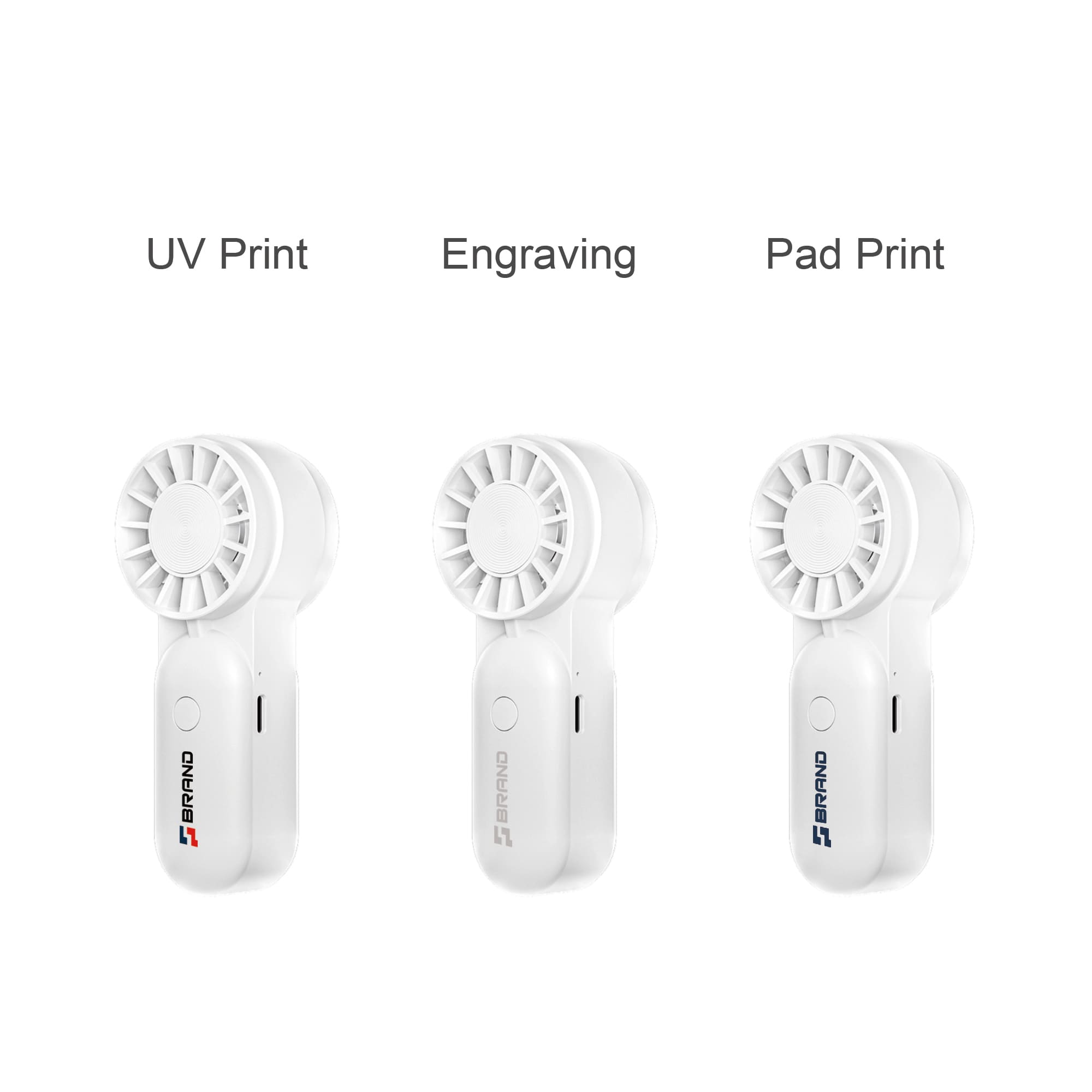 A mini portable handheld fan in three styles: white fan design with variations in print methods. Each features a logo.