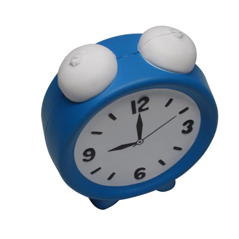 A blue alarm clock-shaped stress reliever with bulging white eyes and a simple clock face design.