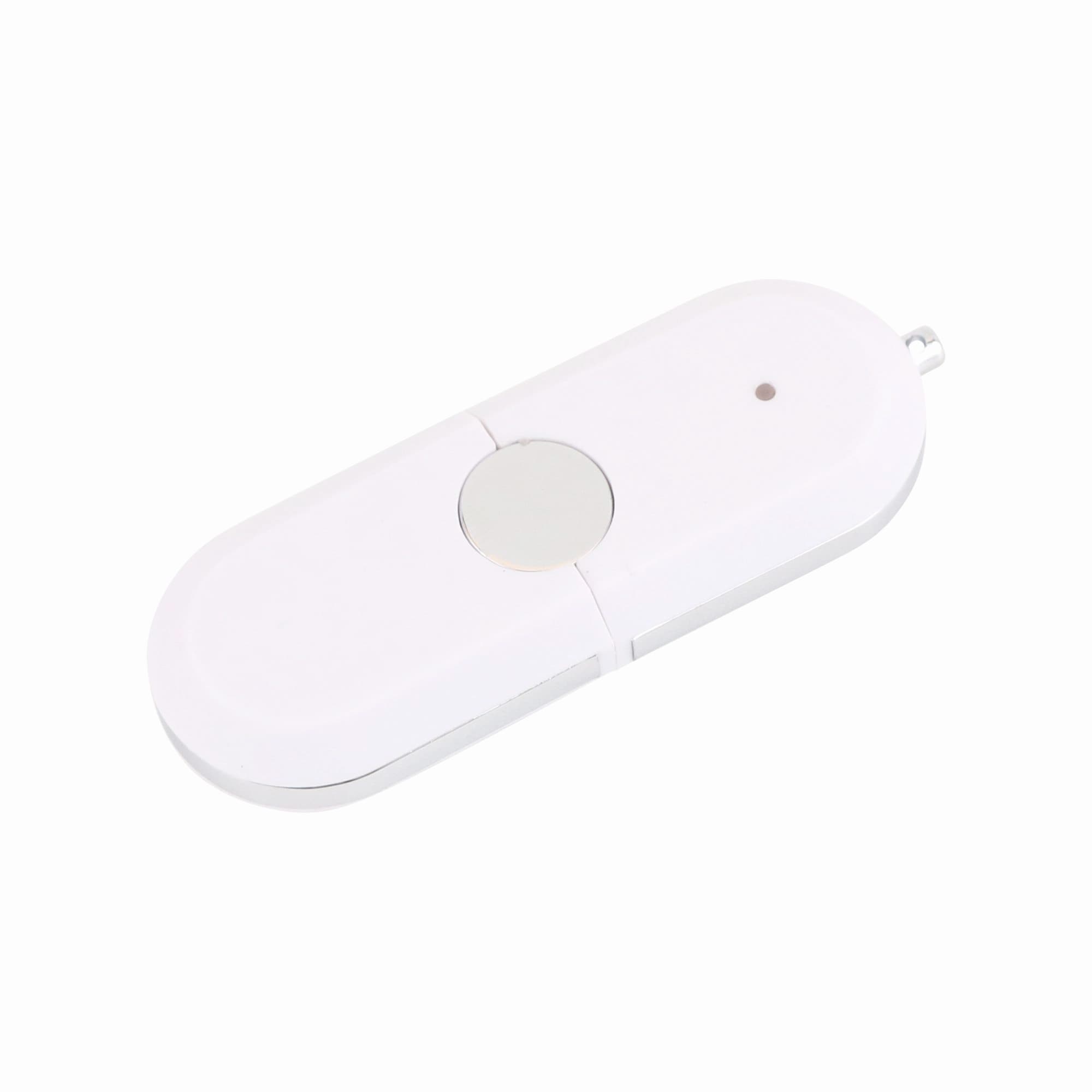 A white Tauris flash drive with a rounded design and a central button, featuring a small indicator light.