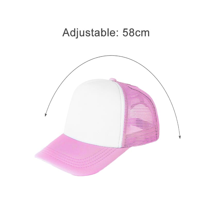 A pink and white trucker cap with a mesh back and an adjustable strap. Features a logo on the front.