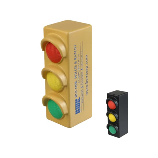 A traffic light-shaped stress reliever in yellow, featuring red, yellow, and green bulb designs. Includes a smaller black traffic light.