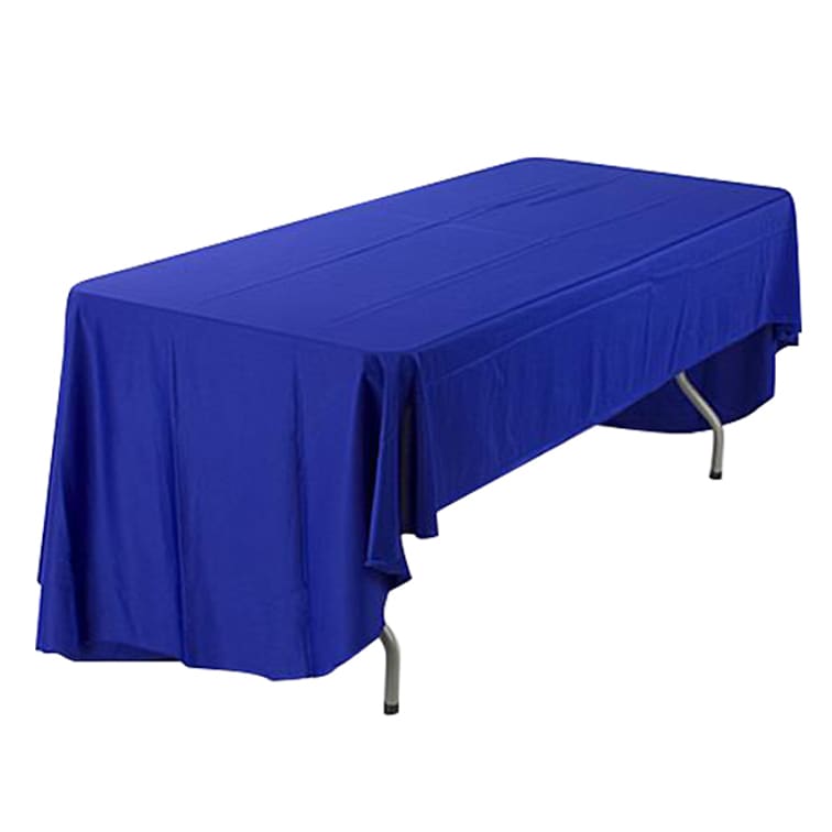 A blue 3-sided throw tablecloth drapes over a rectangular table with metal legs.